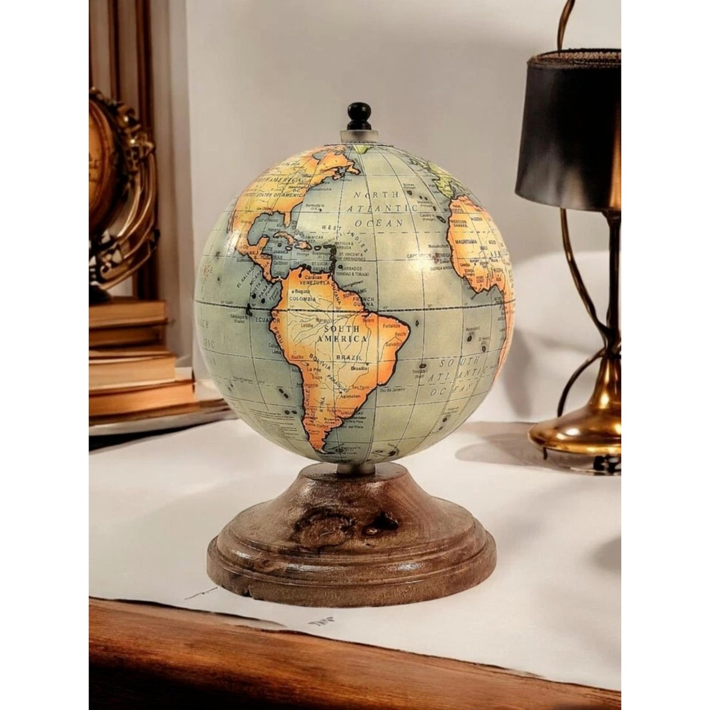 Desk World Globe Rustic Mango Wood Stand Vintage Retro Tabletop Home Office Desk