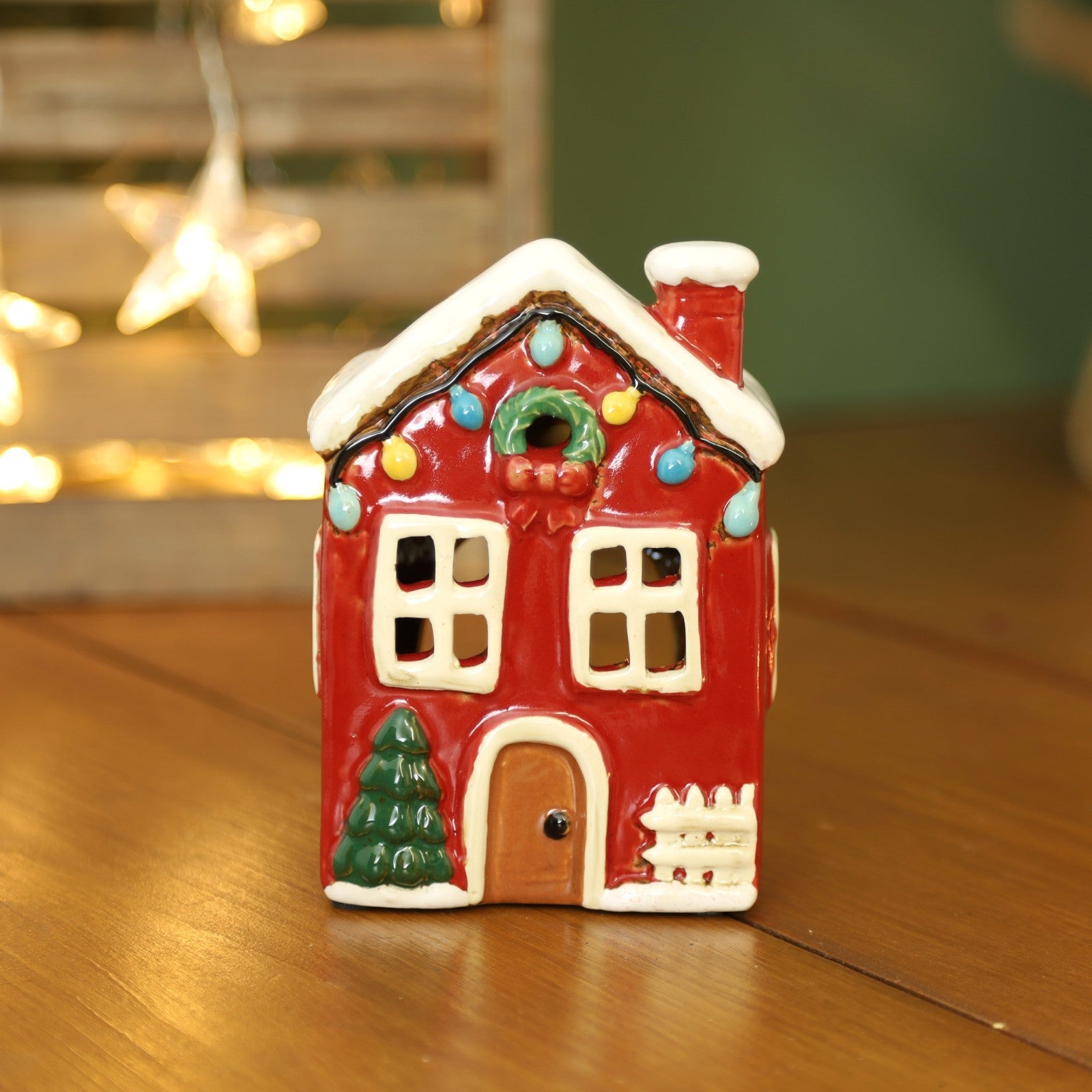 Ceramic Christmas Wax Melt House Holder Red Cottage Village Scene Ornament Xmas