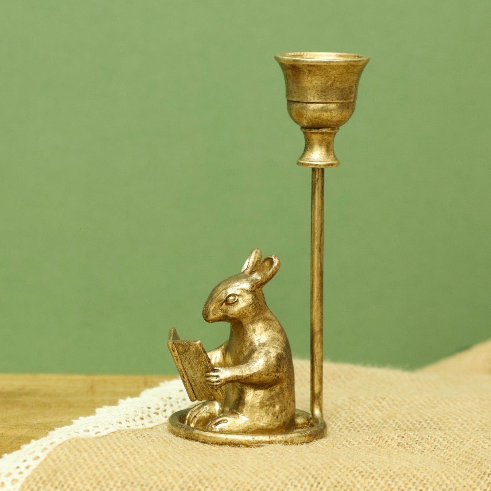 Metal Mouse Candle Holder Antique Gold Reading Mice Dinner Candlestick Ornament