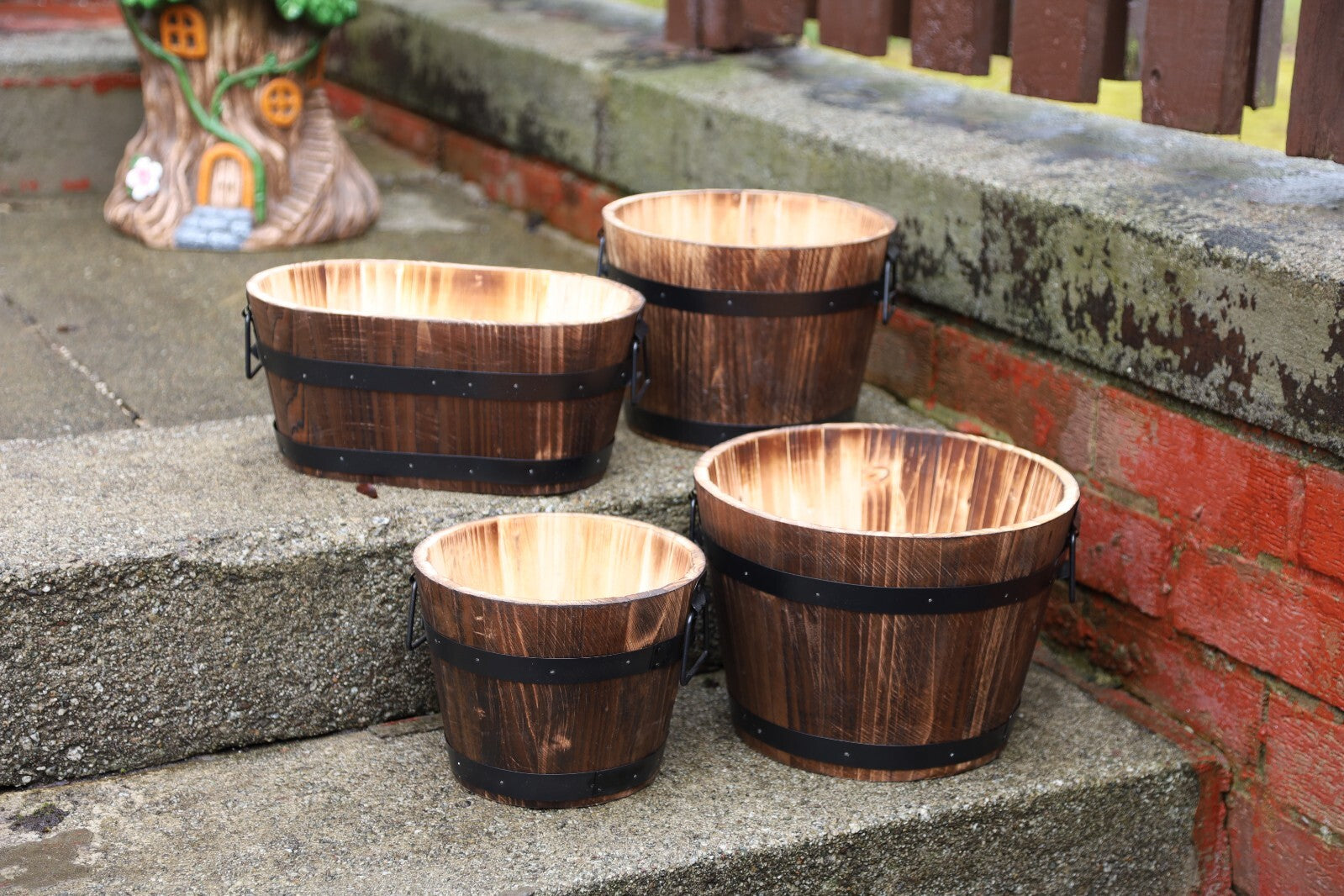 Round Wooden Barrel Planter 20cm Garden Pot with Metal Handles Band Outdoor Tub