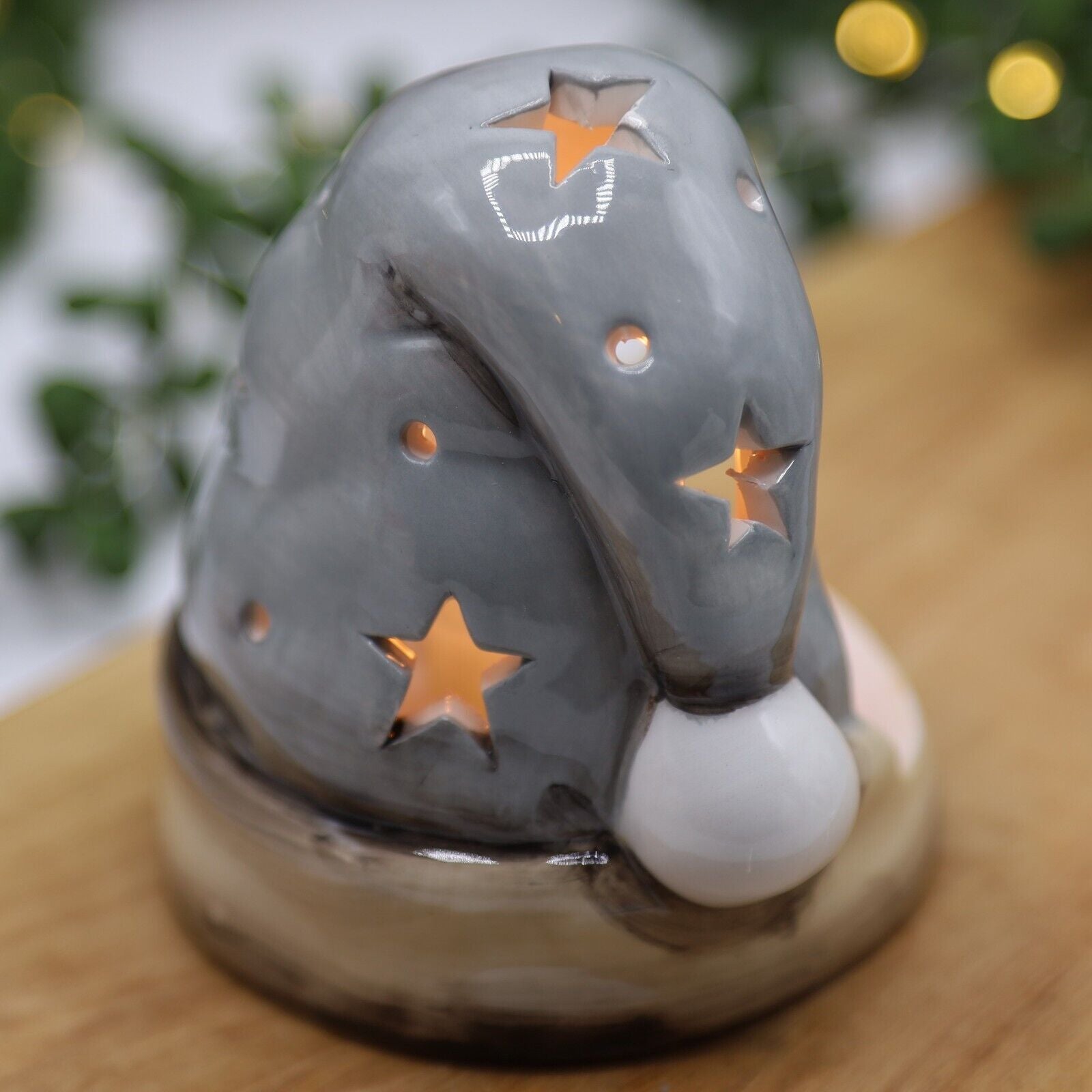 Beige Ceramic Santa Hat Tealight Holder Stars Cut Out Christmas Festive Decor