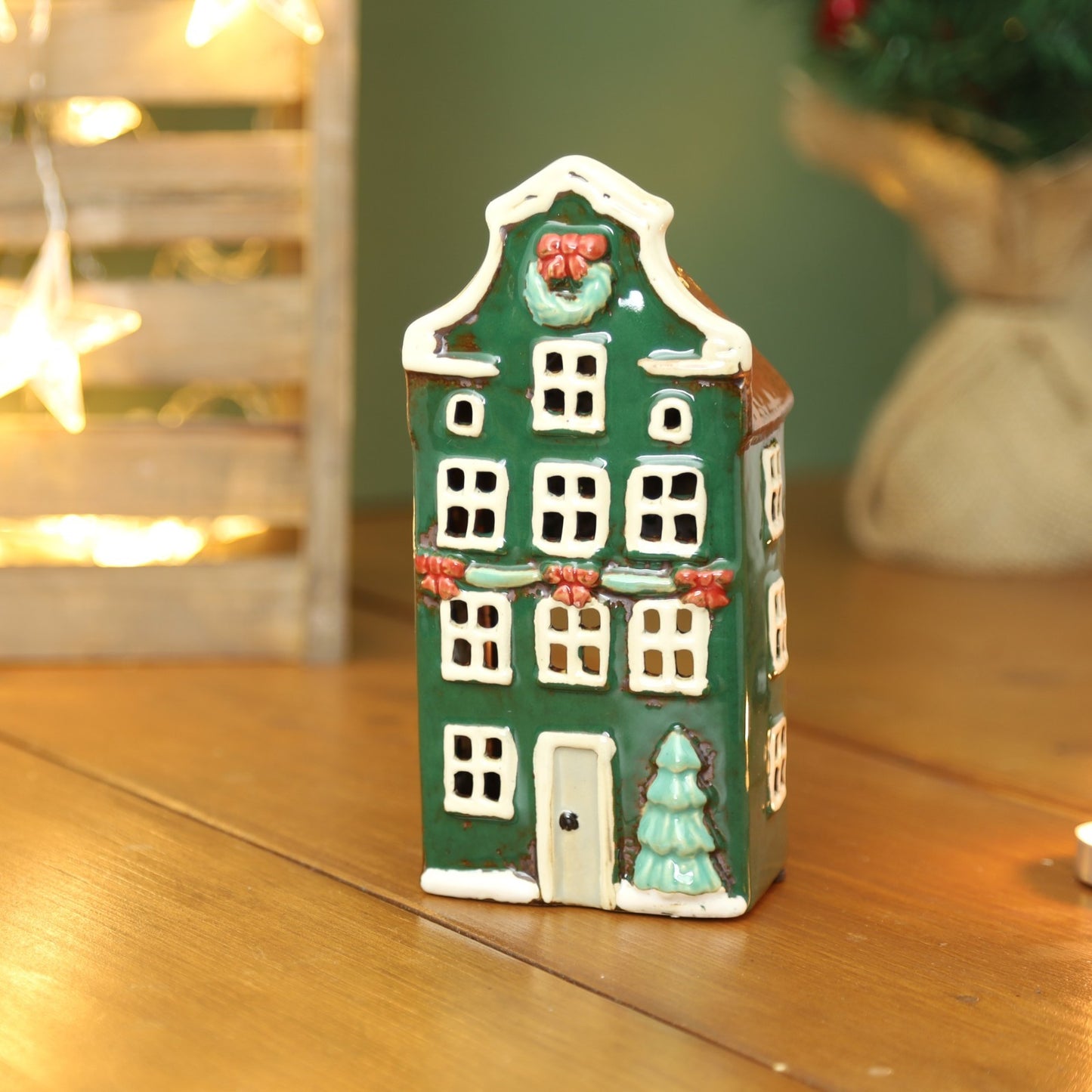 Ceramic Christmas Tealight Holder Cottage Village Scene Townhouse Xmas Ornament