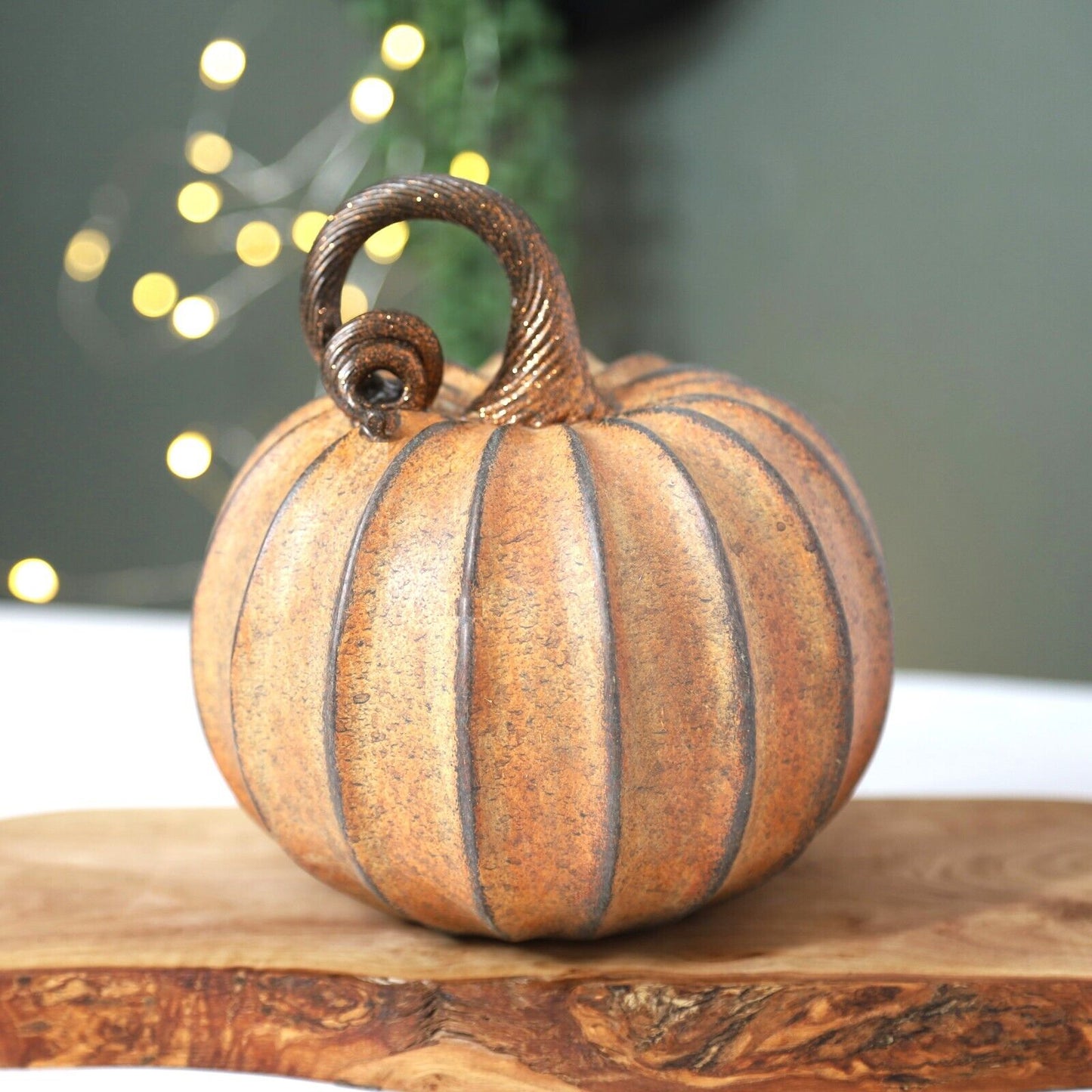 15cm Autumnal Pumpkin Pale Segmented Harvest Bronze Stem Ornament Halloween