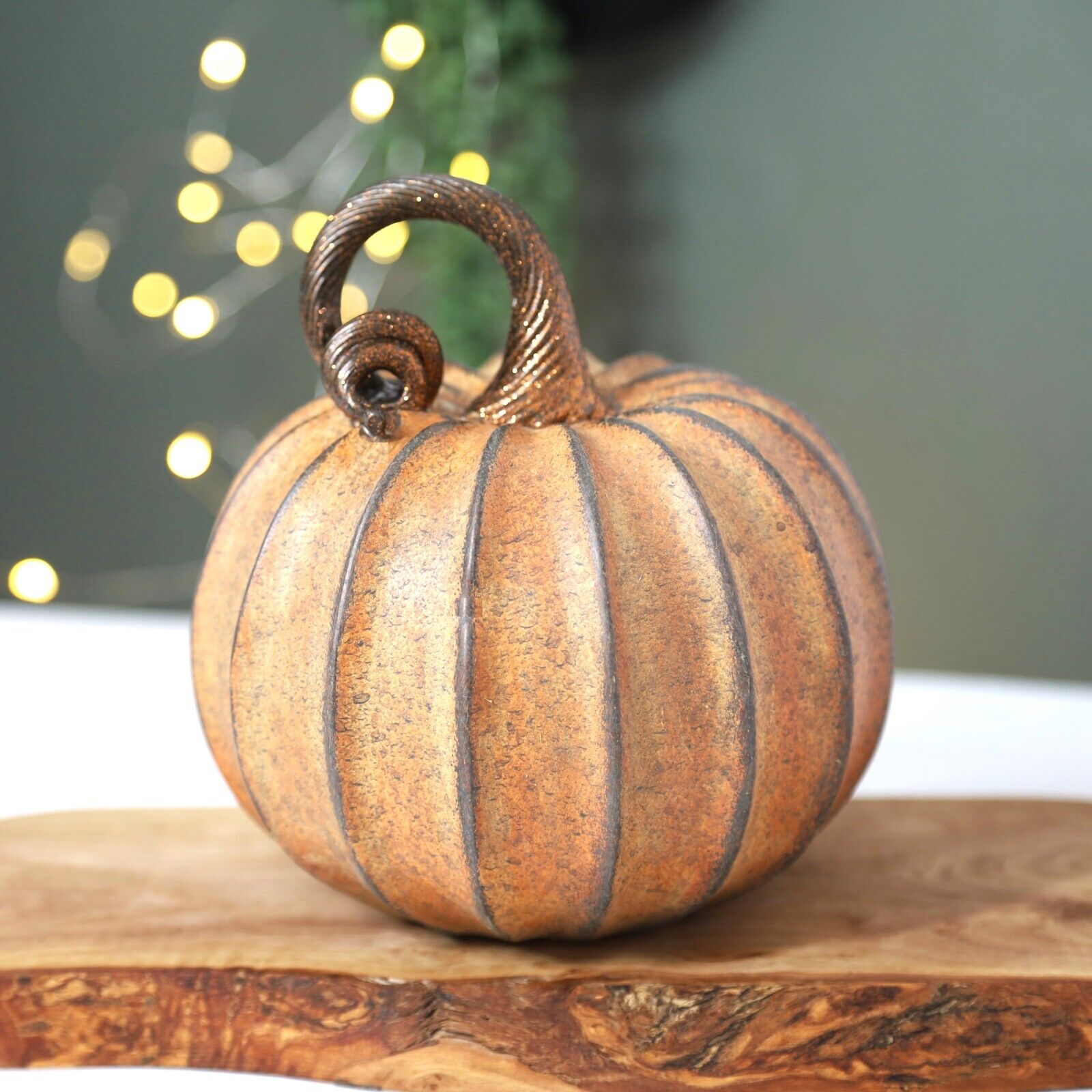 15cm Autumnal Pumpkin Pale Segmented Harvest Bronze Stem Ornament Halloween