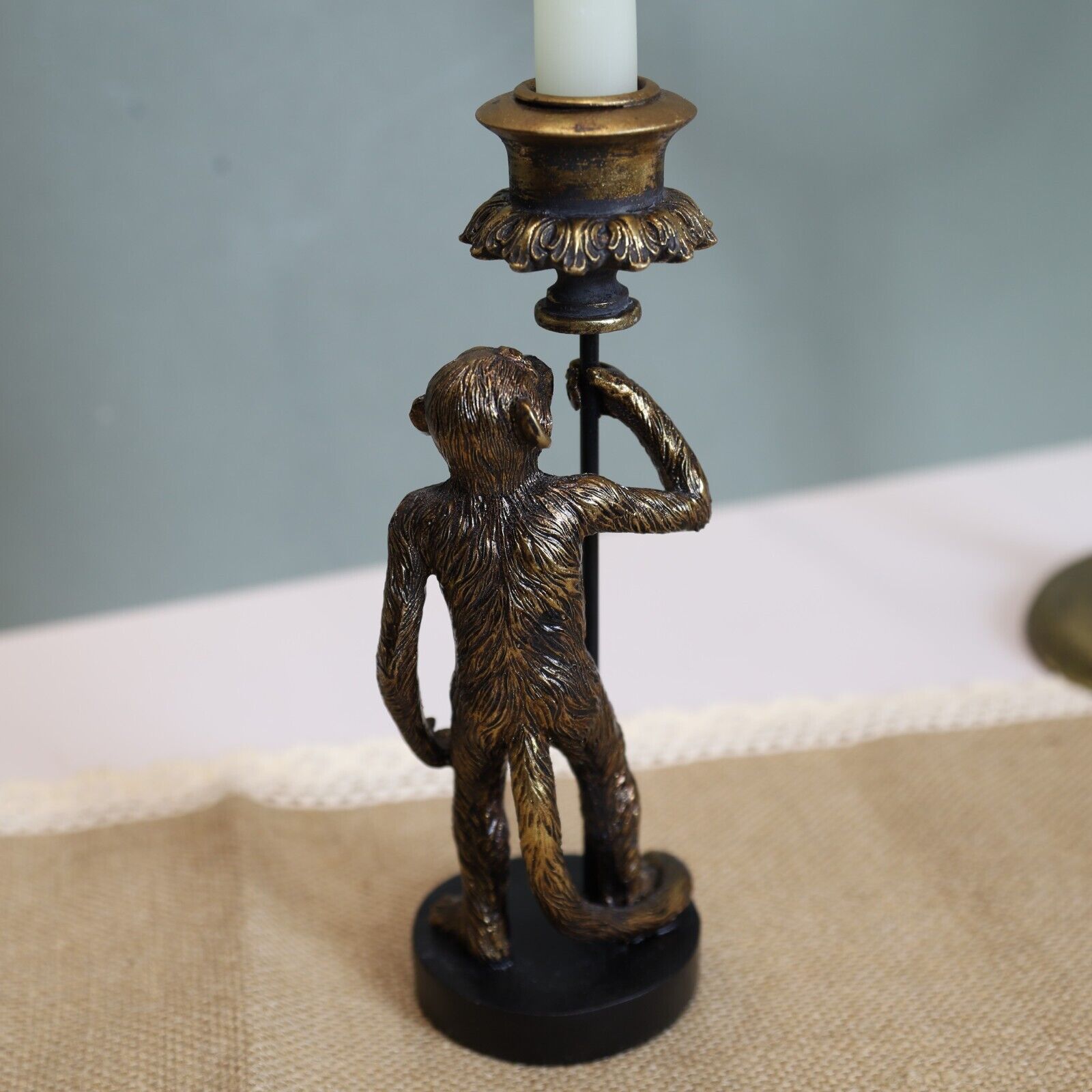 24cm Antique Copper Resin Monkey Tapered Candle Stick Holder Animal Statue