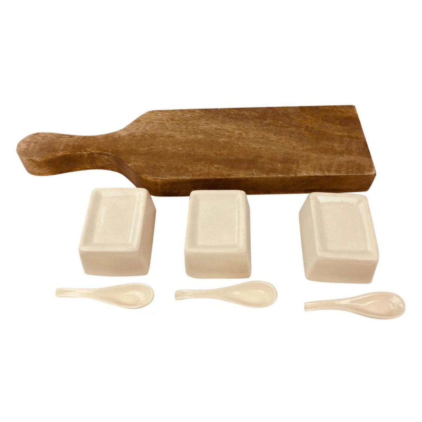 Ceramic Bowls & Spoons Brown Wooden Tray Snack Dip Appetizer Tapas Serving Set