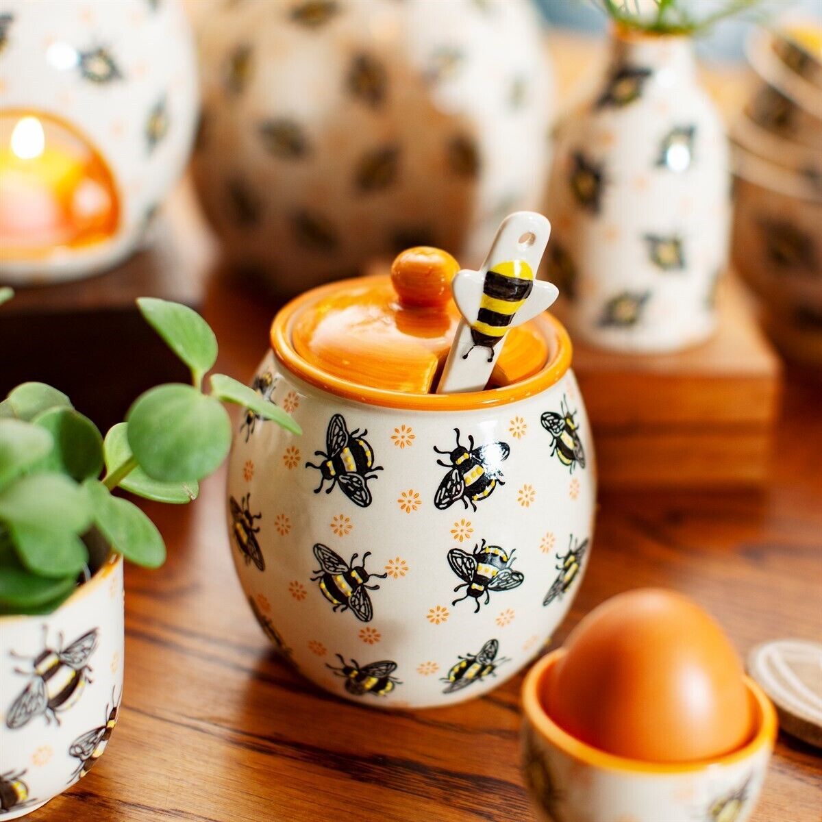 400ml Ceramic Honey Pot With Spoon Drizzler Dipper Sweet Bee Jar Storage Boxed