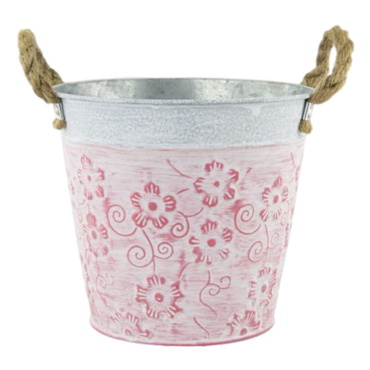 Tin Pail Plant Pot 20cm Pink Floral Planter With Rope Handles Indoor Outdoor Pot