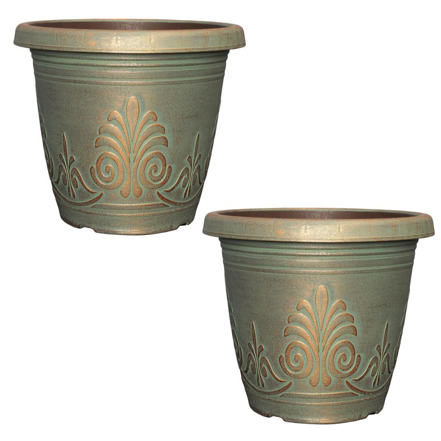 Planter Set of 2 Copper Green Plastic Plant Pot 16cm Metallic Round 1.9L Garden