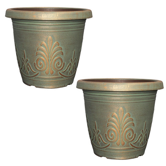 Planter Set of 2 Copper Green Plastic Plant Pot 16cm Metallic Round 1.9L Garden