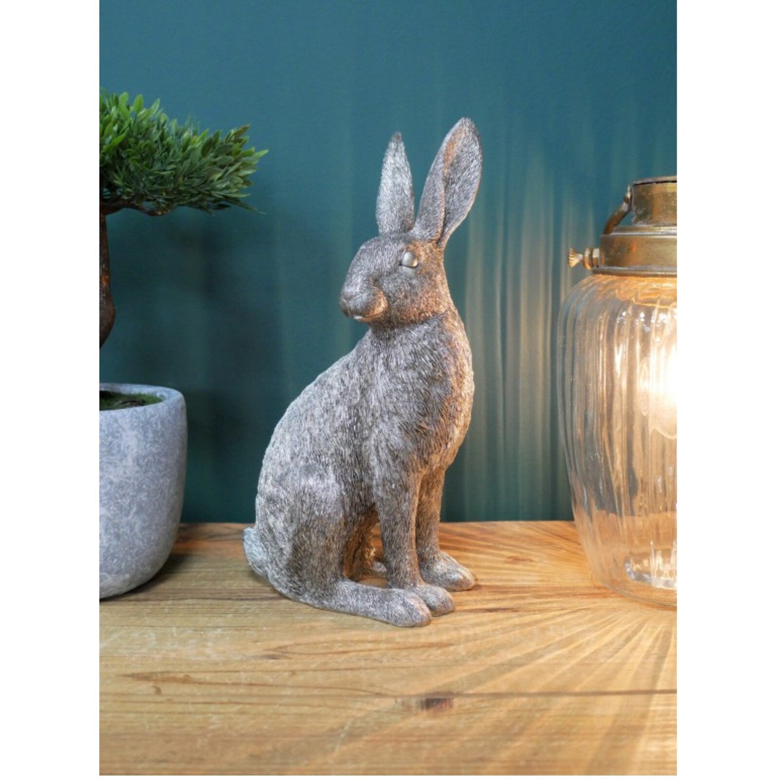 Resin Sitting Hare Figurine Statue Ornament Textured Silver Rabbit Sculpture