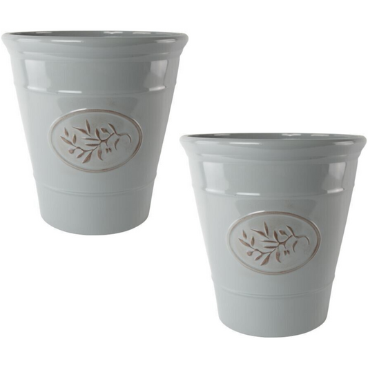 2Pc Large Olive Grey Plastic Plant Pot 40cm Gloss Tall 34L Round Garden Planter