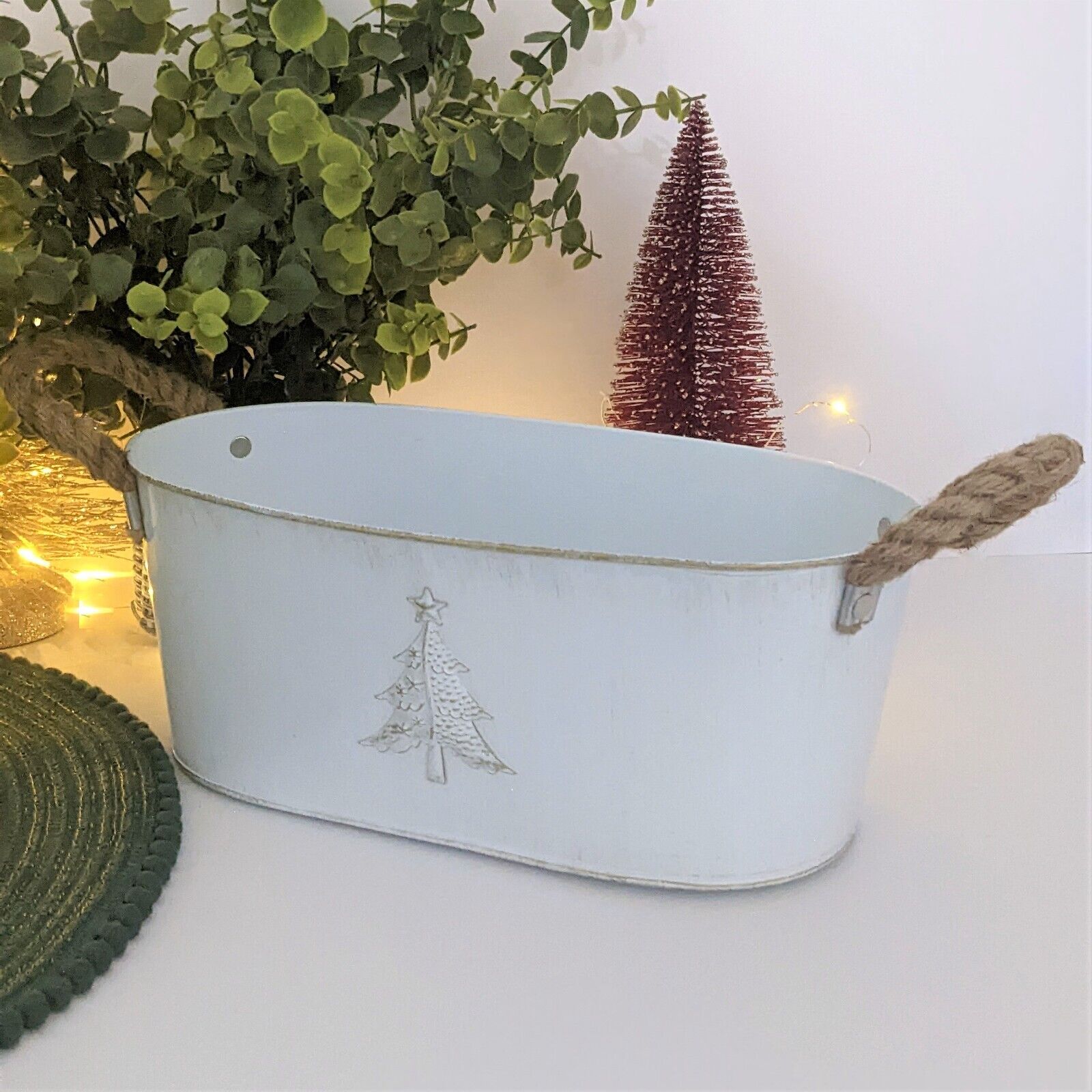 30cm Metal Christmas Tree Embossed Plant Pot Tin Pail Trough Gold White Decor 