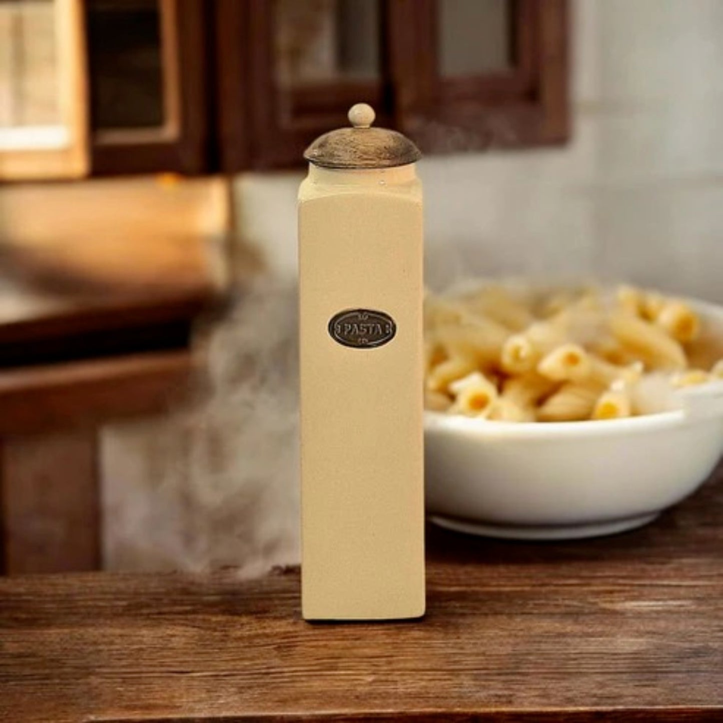 Ceramic Cream Pasta Jar with Handcrafted Mango Wood Lid Kitchen Shelf Storage