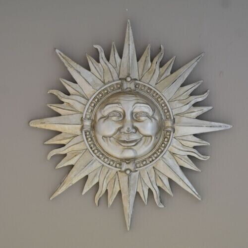 Silver Resin Sun Hanging Wall Plaque Garden Outdoor Home Smiling Statue Ornament