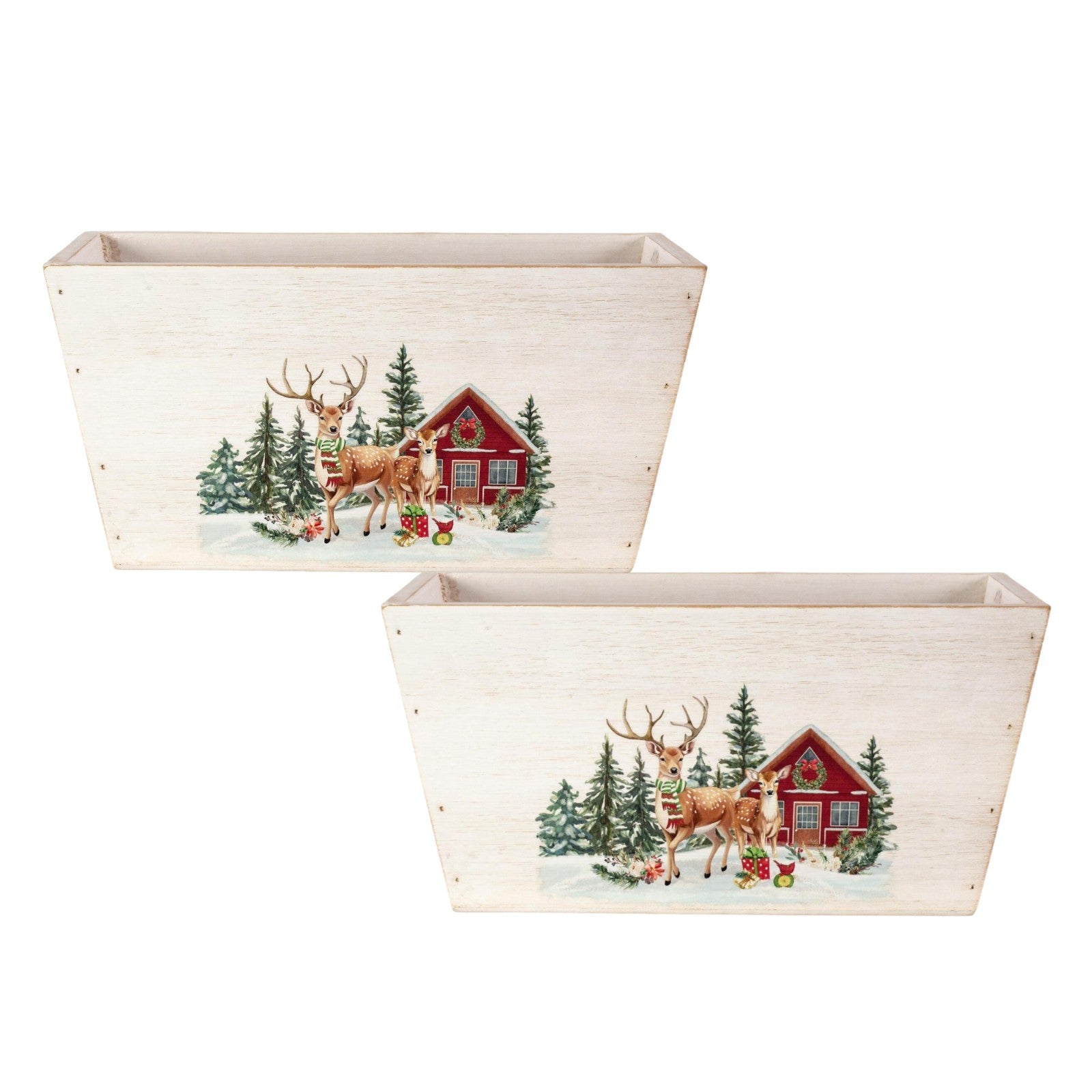 Wooden Trough 25cm Christmas Trees Deers Home Jungle Scene Xmas Festive Planter