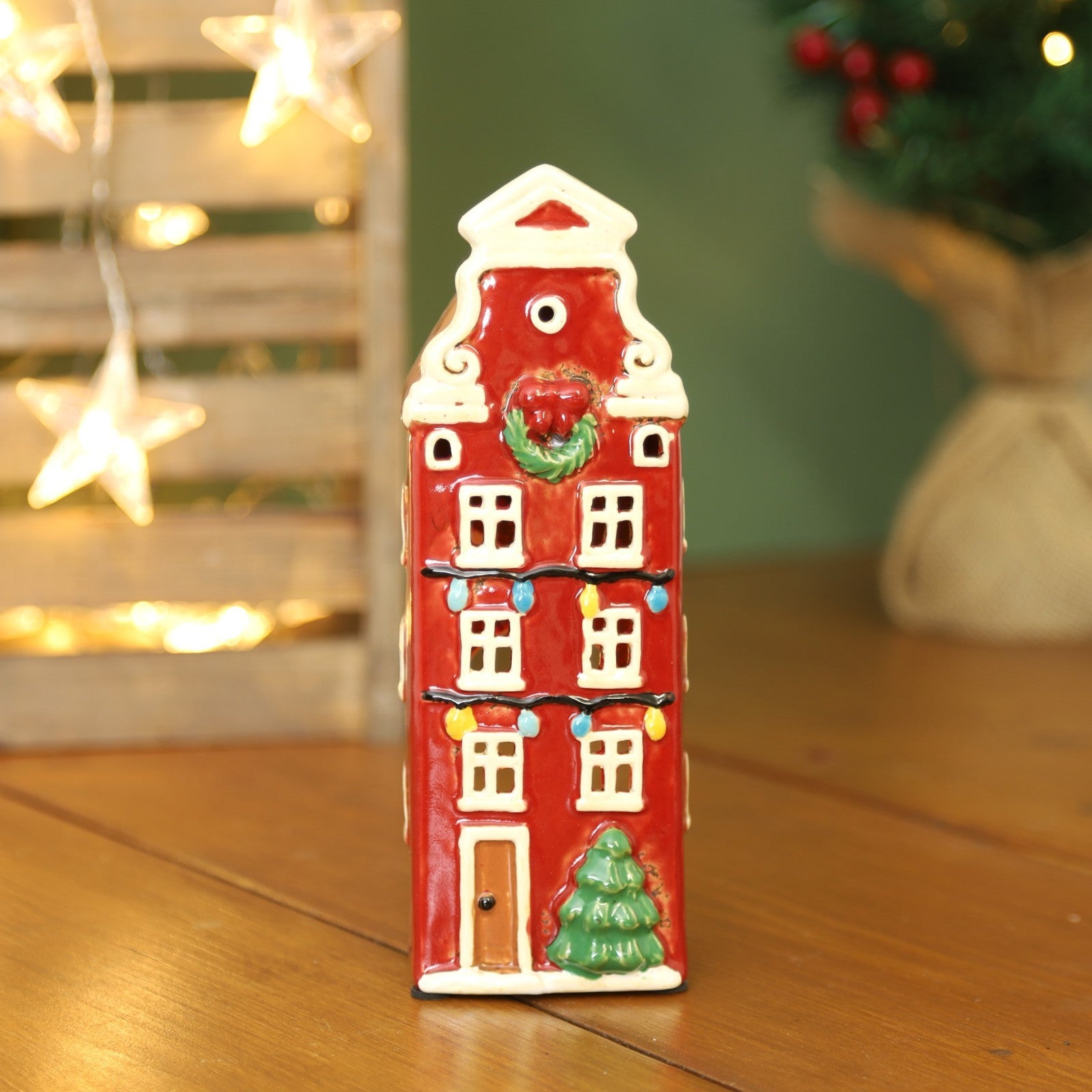 Ceramic Christmas Tealight Holder Cottage Village Scene Townhouse Xmas Ornament