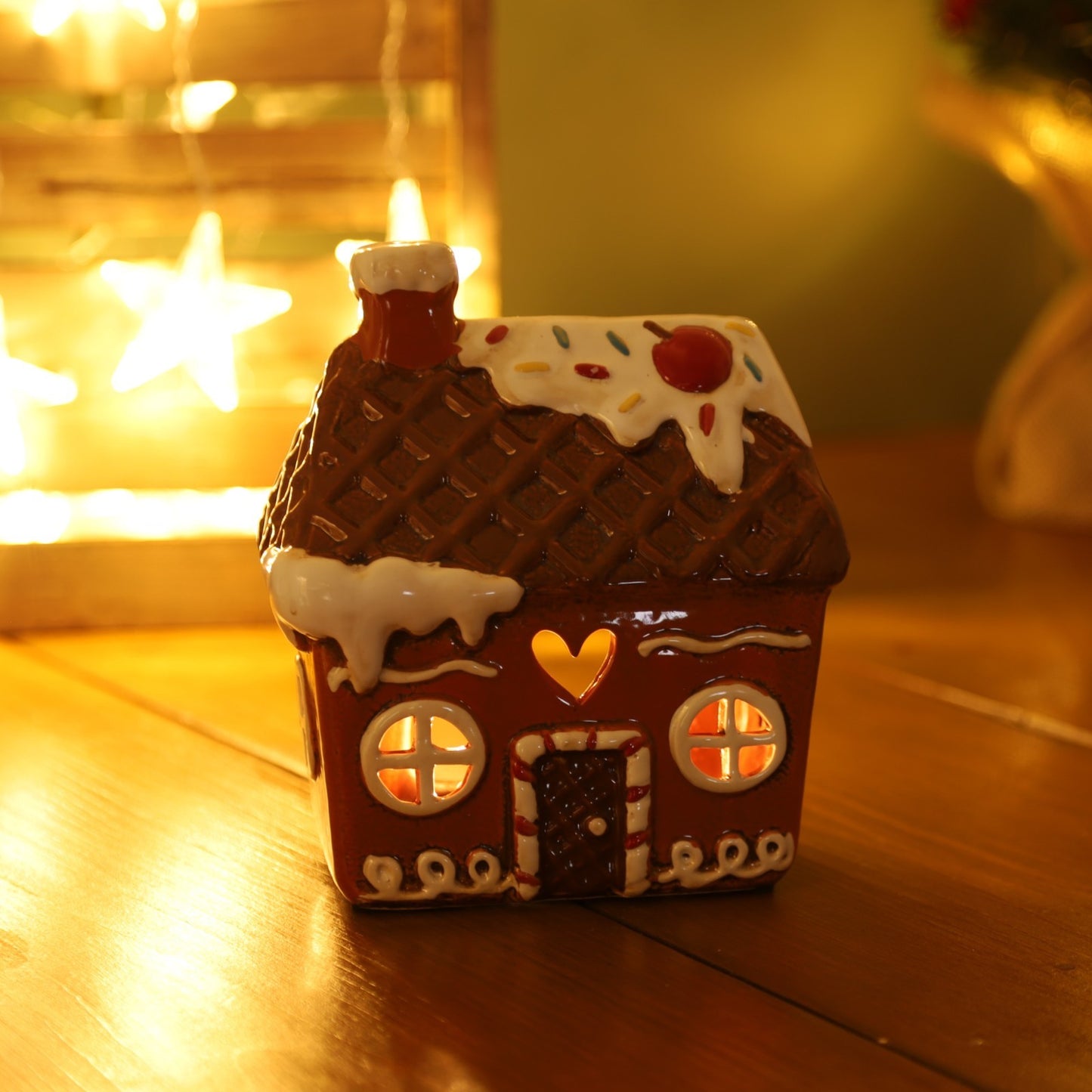 Ceramic Cottage Tealight Candle Holder Cottage House Village Scene Gingerbread