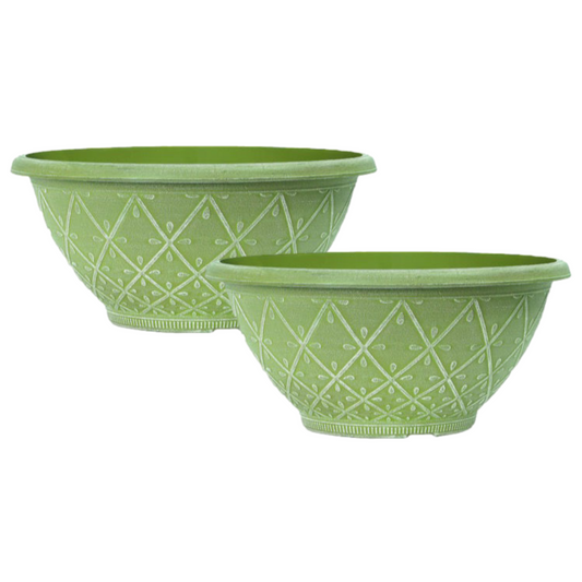 2Pc Plastic Prisma Bowl Planter 30cm Powdered Moss Green 6L Garden Plant Pot