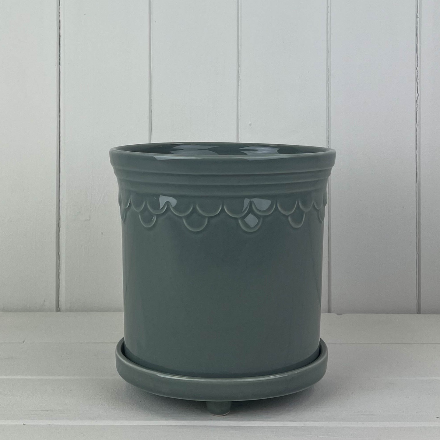 Ceramic Grey Plant Pot with Saucer Scalloped Edge Embossed Glazed Planter Indoor