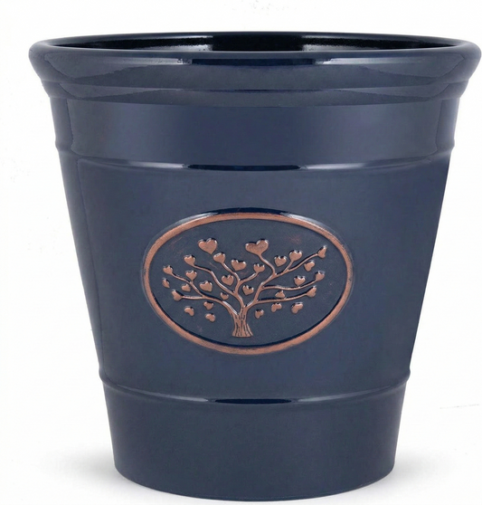 Round Plastic Olive Blue 30cm Plant Pot 14L Tree of Life Embossed Garden Planter