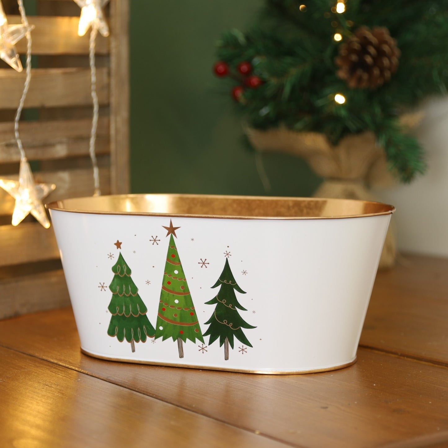 Metal White Trough Christmas Trees Stars 27cm Tin Pail Planter Pot Gold Rim Xmas