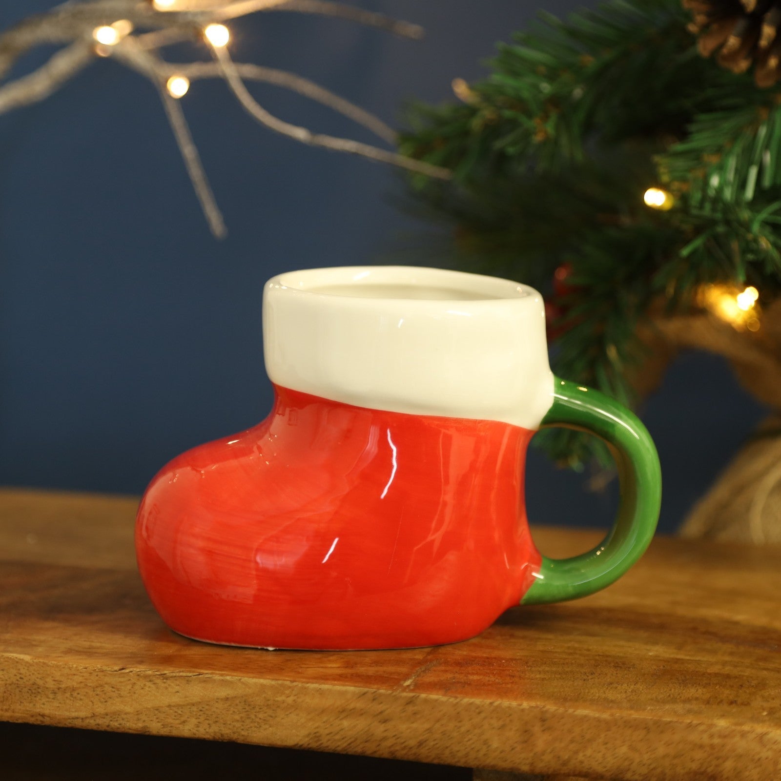 Santa’s Boot Ceramic Mug Festive Christmas Holly & Berry Novelty Tea Coffee Cup