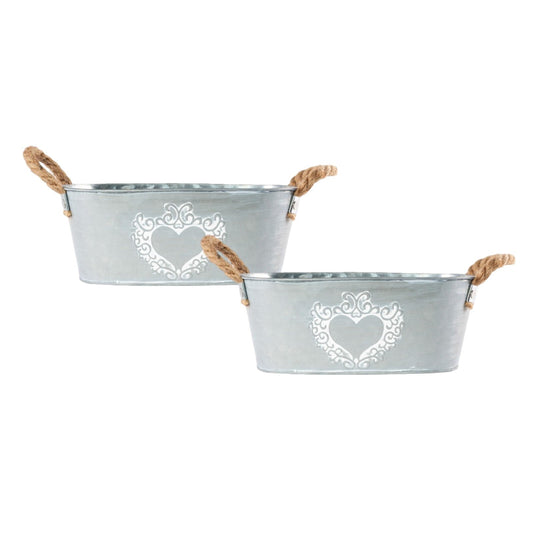2Pc Zinc Tin Silver Trough Oval Plant Pot 30cm Heart Print Planter Rope Handles