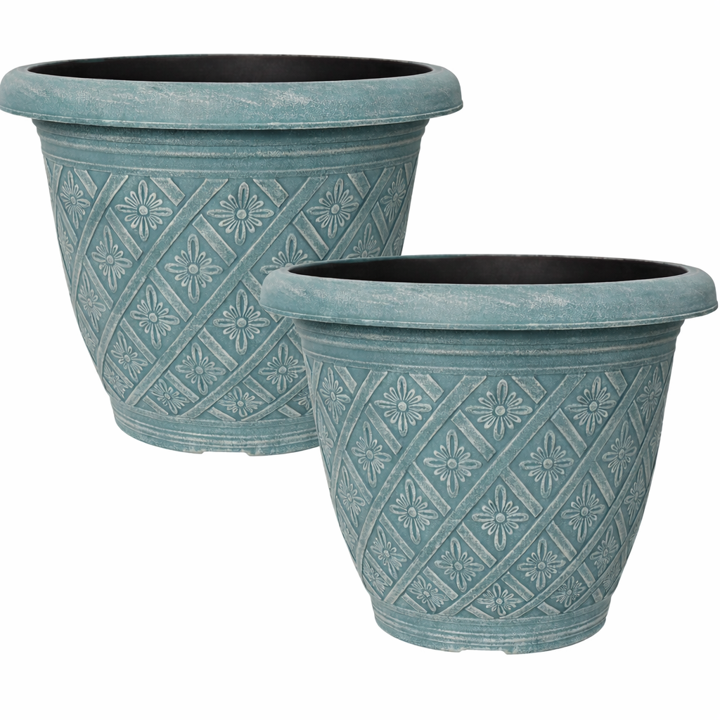 2Pc Round Plastic Plant Pot 40cm Teal 23L Woven Flower Garden Decor Planter Pot