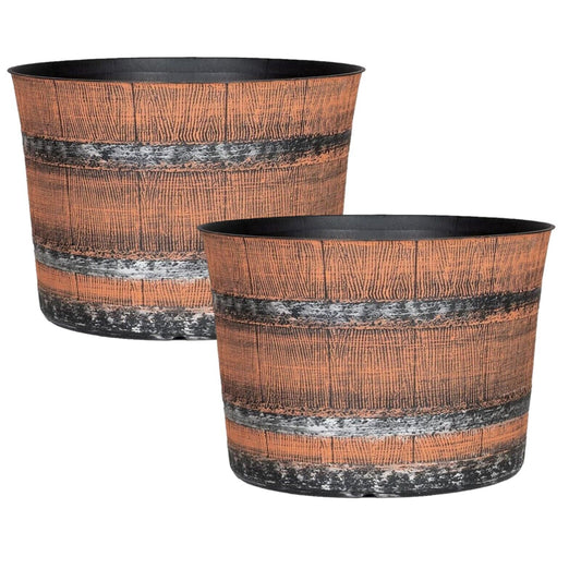 2Pc Plastic Whiskey Barrel Planter 32cm Brown 13L Outdoor Garden Plant Pot