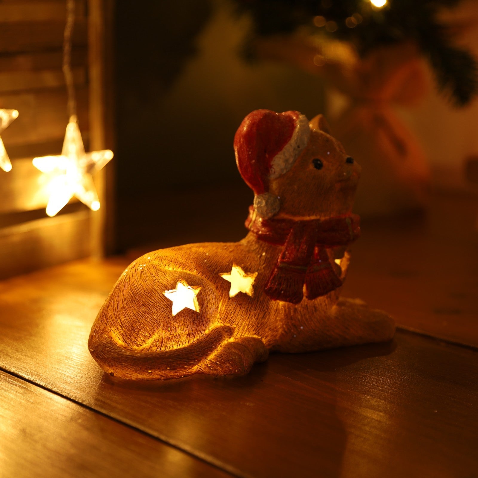 Christmas Cement Sitting Cat With Led Ornament Scarf Cap Stars Cutout Home Gift
