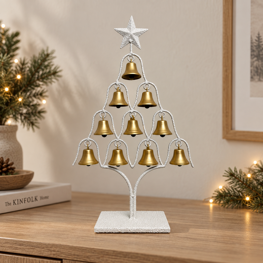 Christmas Metal Tree Stand With 10 Gold Hanging Bells Festive Tabletop Decor