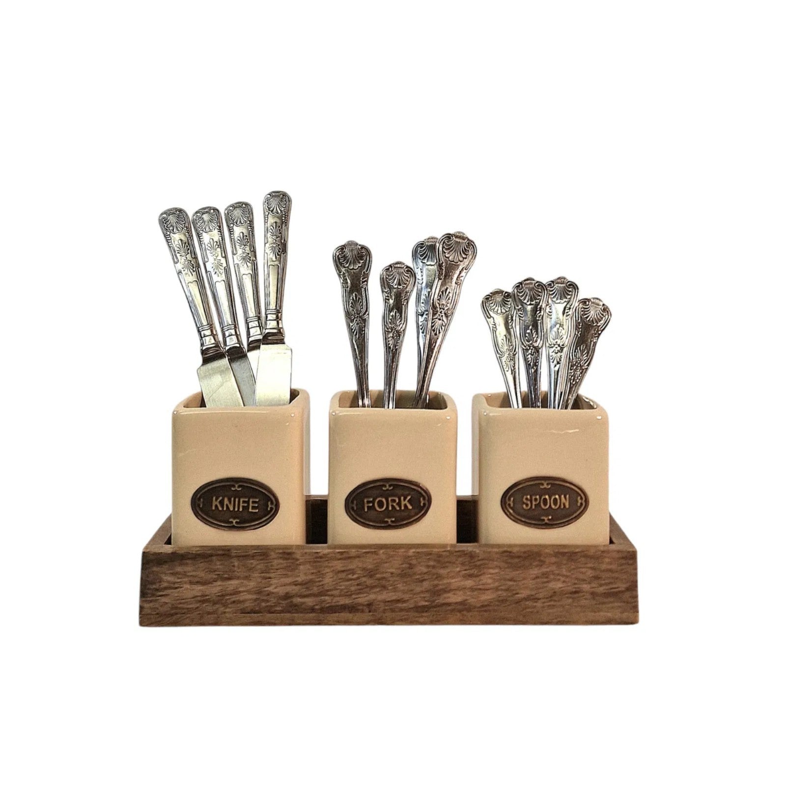 Knife, Fork & Spoon Ceramic Holder Storage Set with Mango Wooden Tray Organizer
