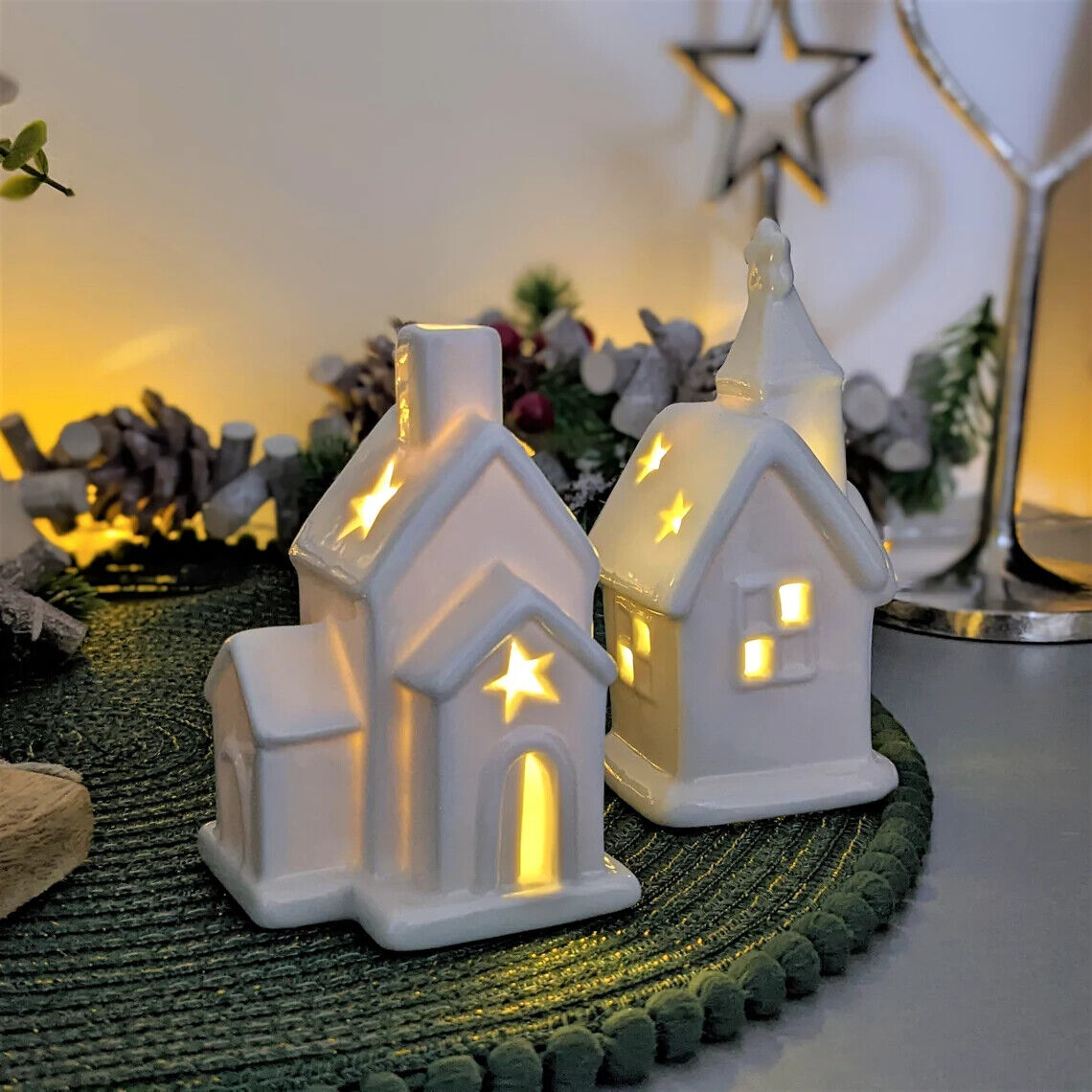 White Ceramic LED Small House Church Light Up Hut Xmas Christmas Decor Ornament