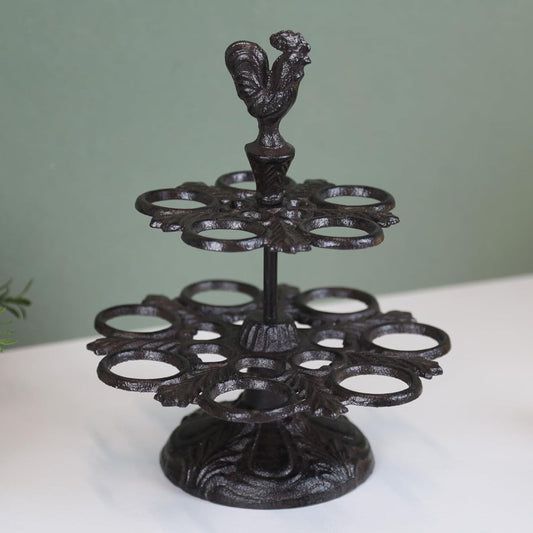 2 Tier Cast Iron 12 Eggs Holder Vintage Rack Rooster Tray Kitchen Storage Bucket
