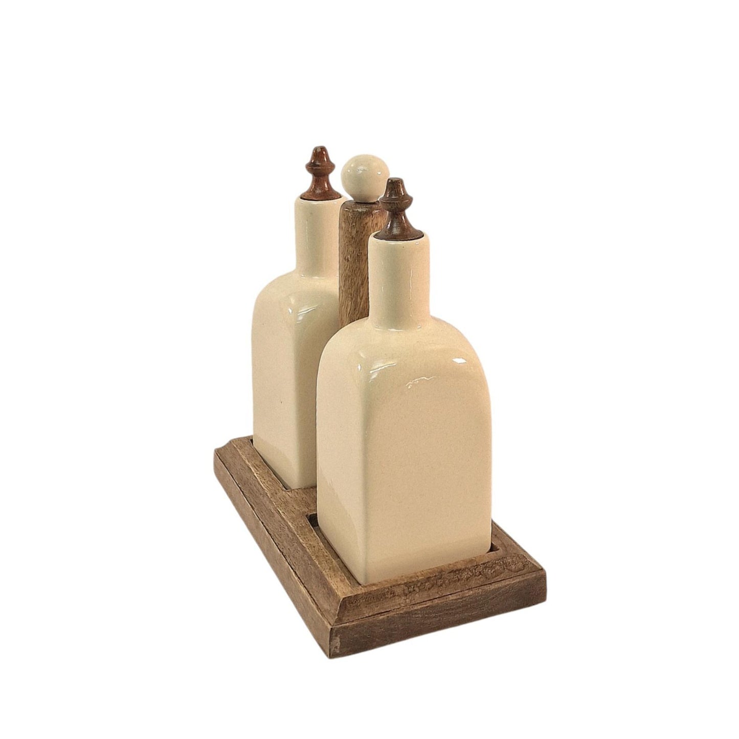 Ceramic Cream Oil & Vinegar Duo Bottles on Mango Wooden Stand Kitchen Organizer