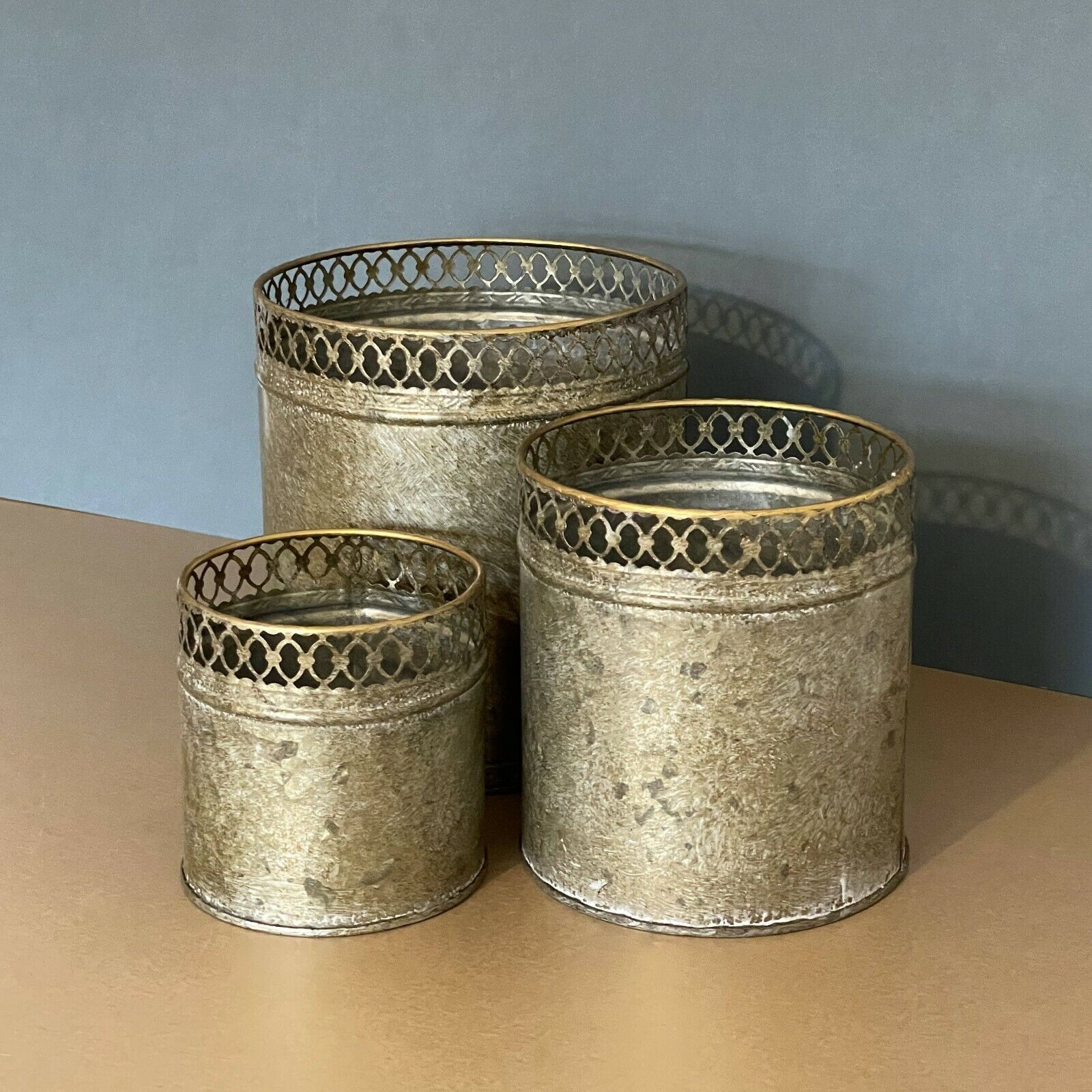 Set of 3 Galvanised Gold Metal Rounds Plant Pots Planters Garden Pots Vases
