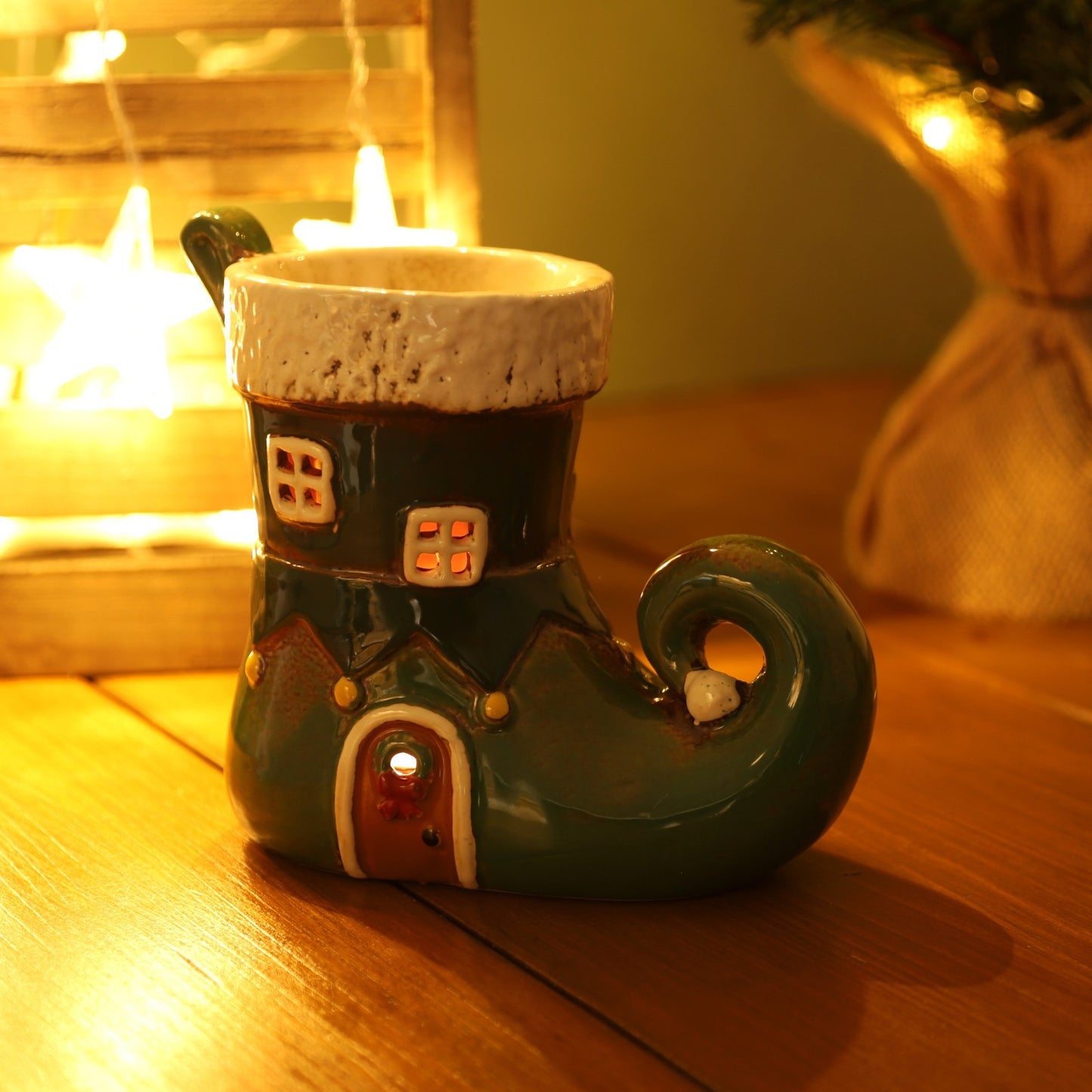 Ceramic Green Elf's Boot Wax Melt Burner Christmas Wax Warmer Xmas Ornament Gift