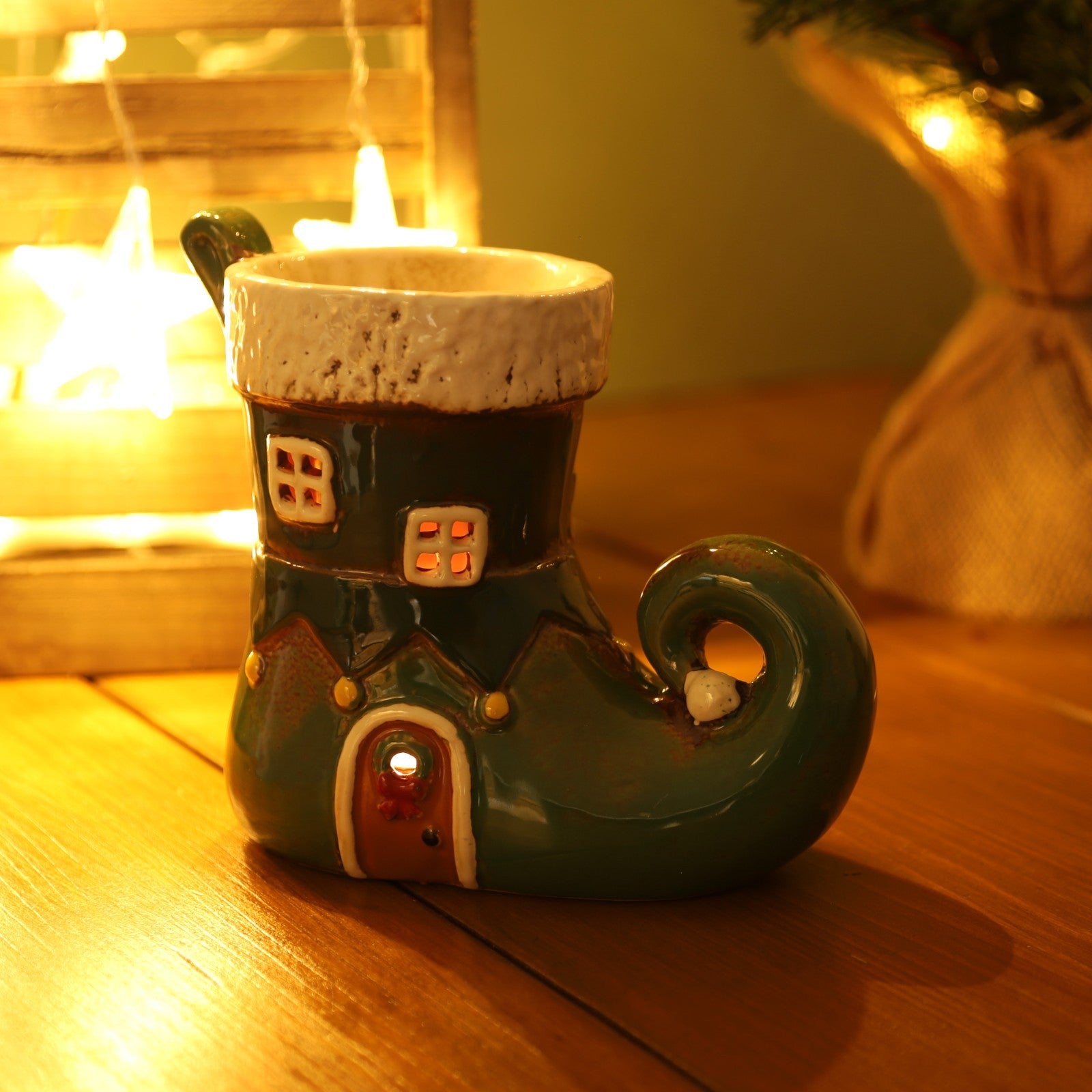 Ceramic Green Elf's Boot Wax Melt Burner Christmas Wax Warmer Xmas Ornament Gift