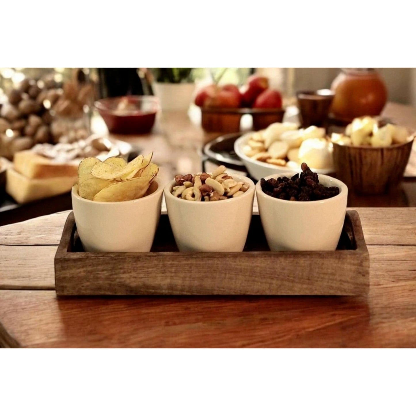3Pc Ceramic Beige Snack/Nibble Bowls with Mango Wood Tray Kitchen Serving Dish