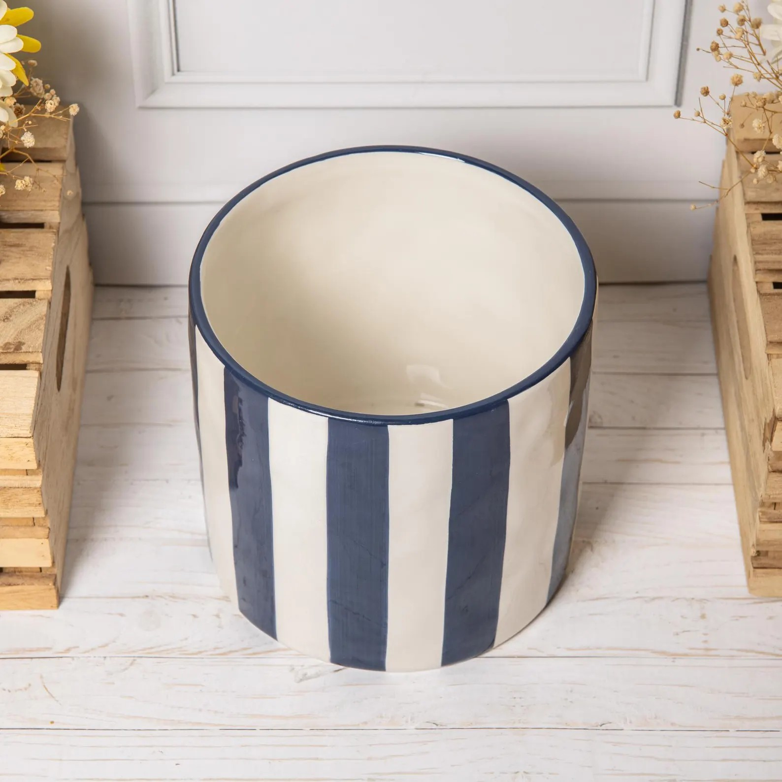 Blue White Ceramic Plant Pot 17cm Glazed Planter Cover Indoor Utensils Holder