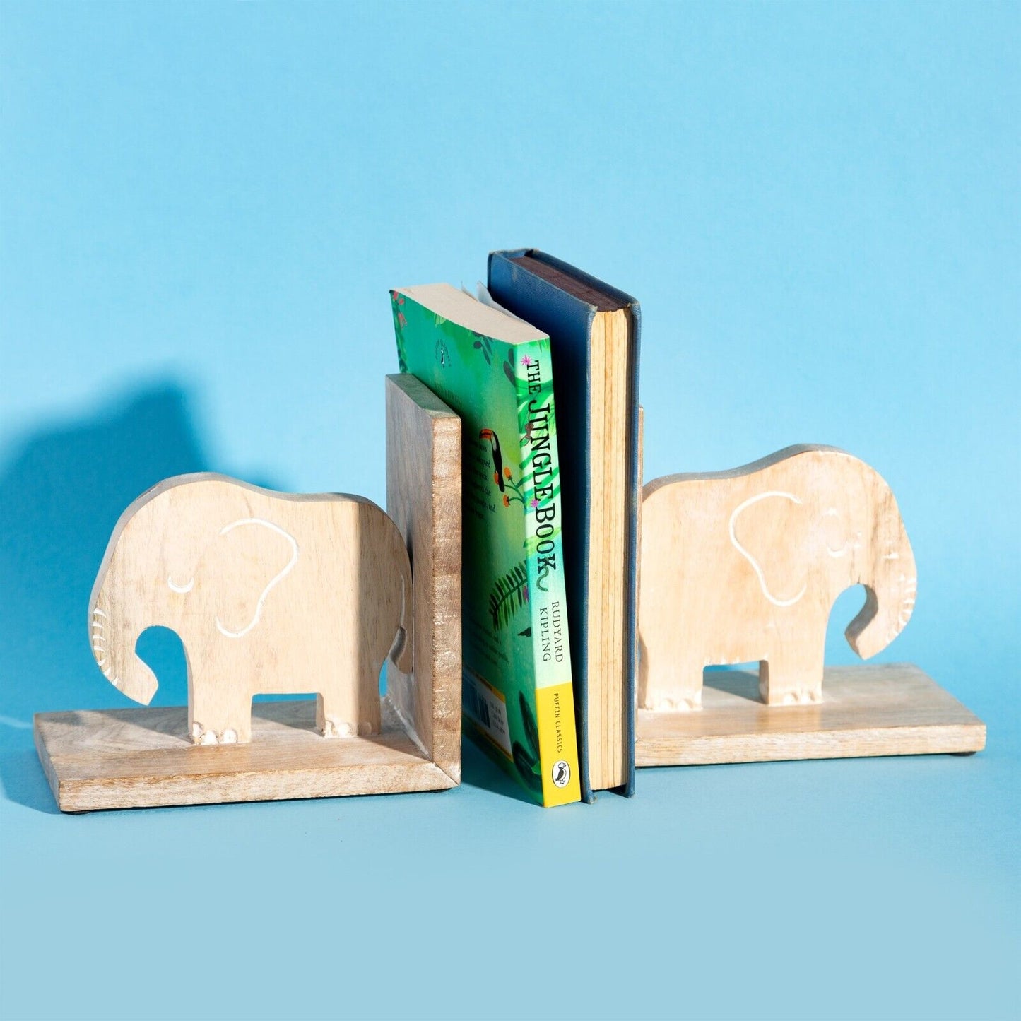 Elephant Wooden Hand Carved Bookends Animal Jungle Theme Nursery Decor Book Ends