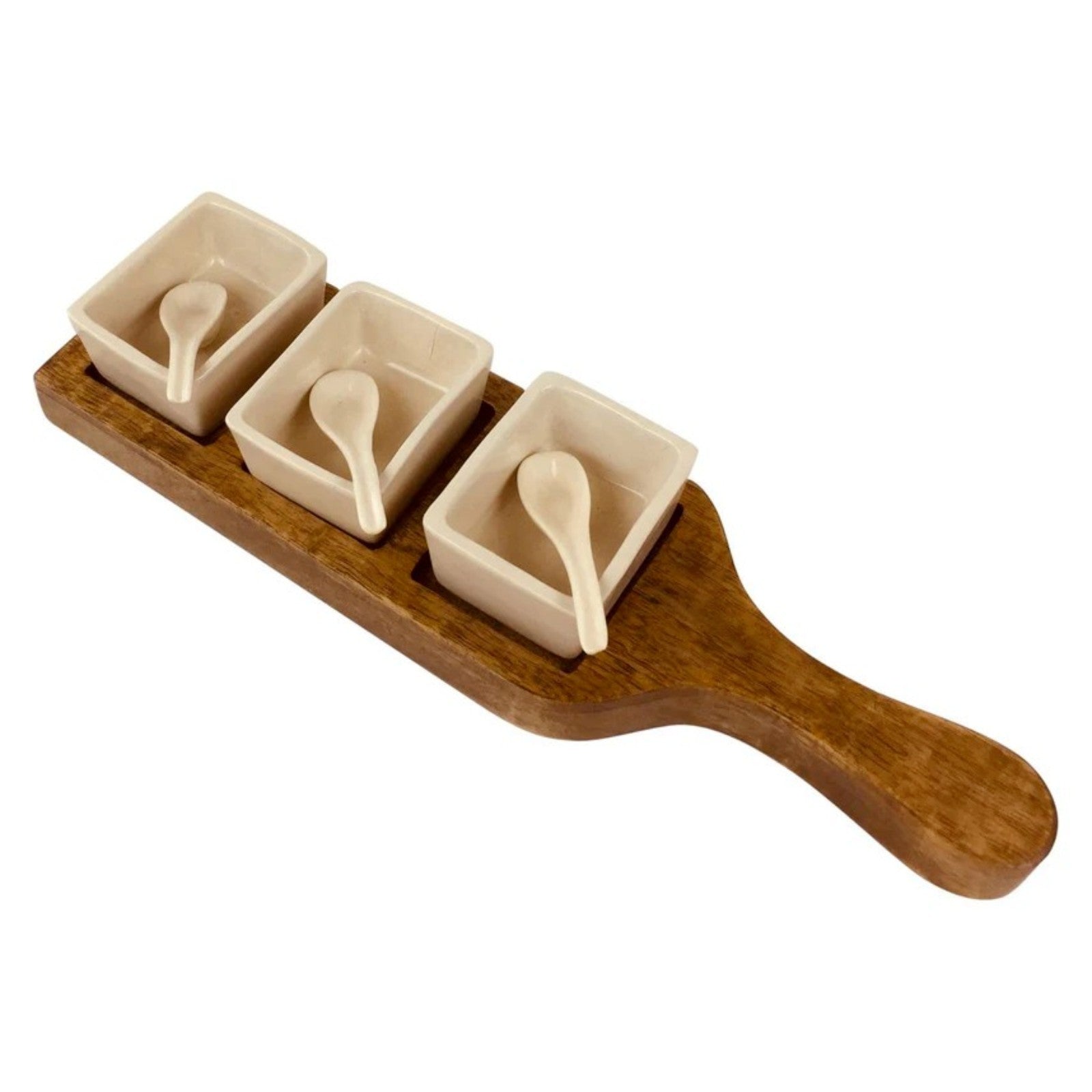 Ceramic Bowls & Spoons Brown Wooden Tray Snack Dip Appetizer Tapas Serving Set