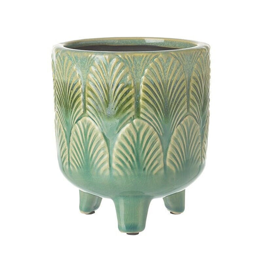 Green Ceramic Leaf Geometric Plant Pot With Legs Tripod Planter Reactive Glazed