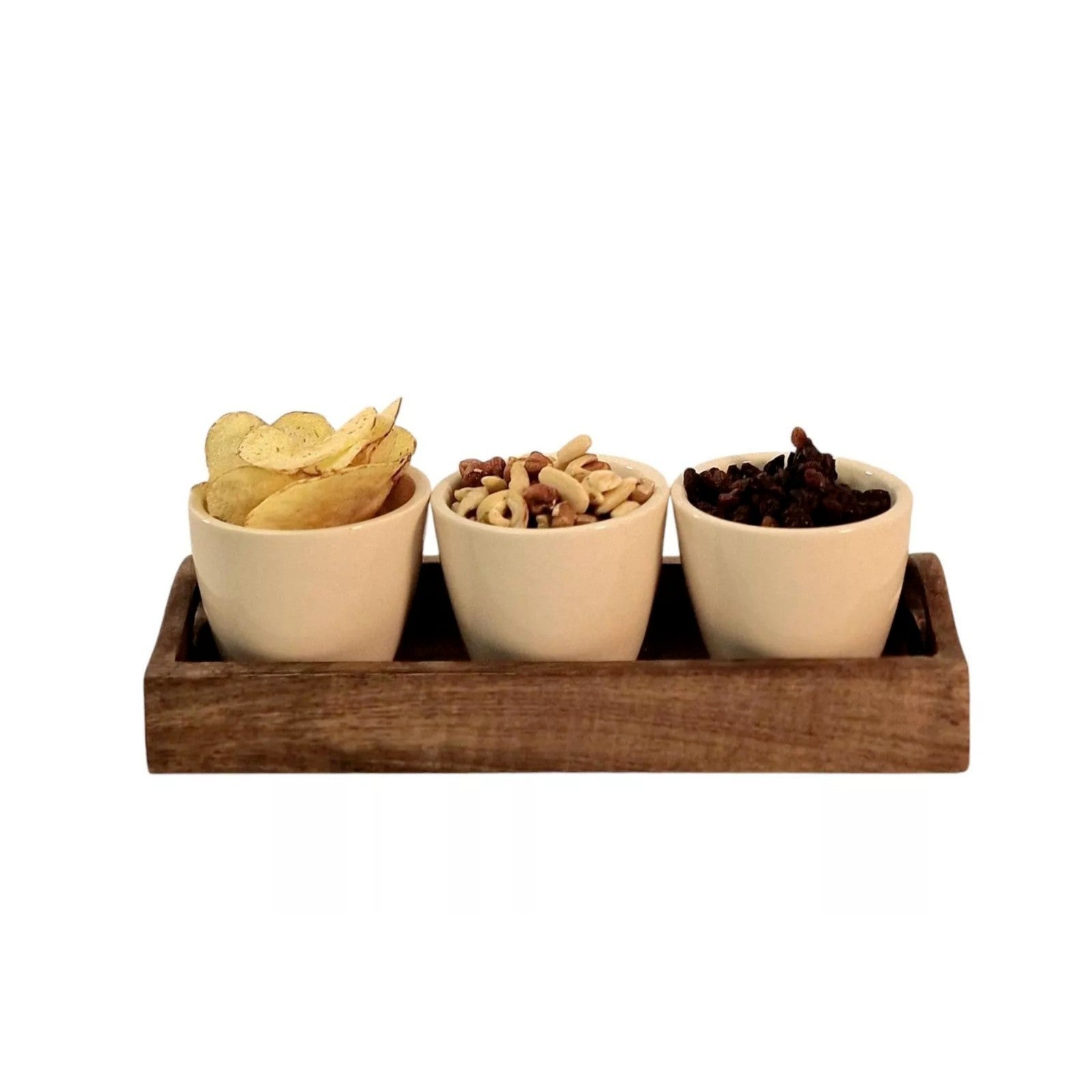 3Pc Ceramic Beige Snack/Nibble Bowls with Mango Wood Tray Kitchen Serving Dish