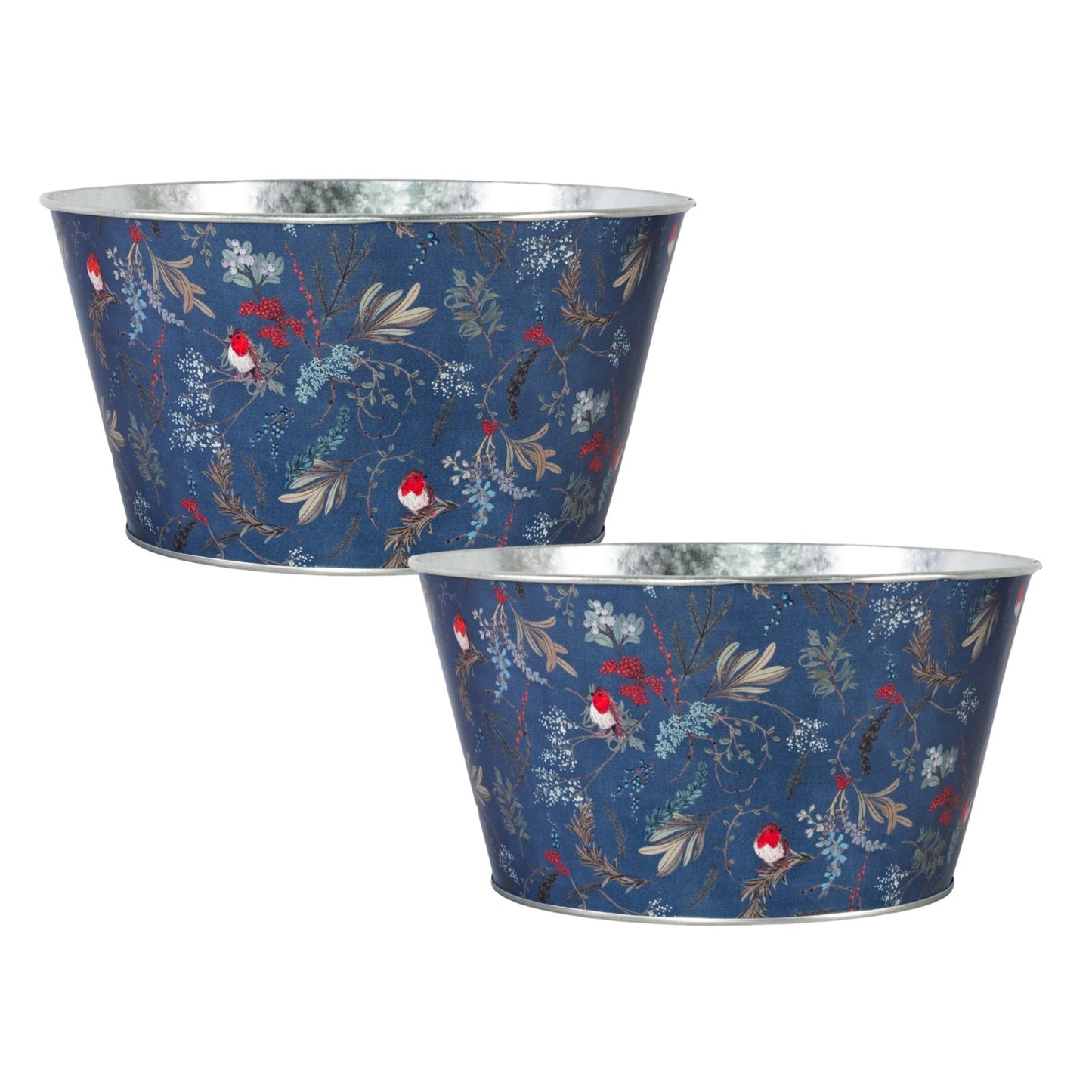 Tin Pail Robin Floral Bowl Plant Pot 21cm Christmas Metal Planter Xmas Bucket