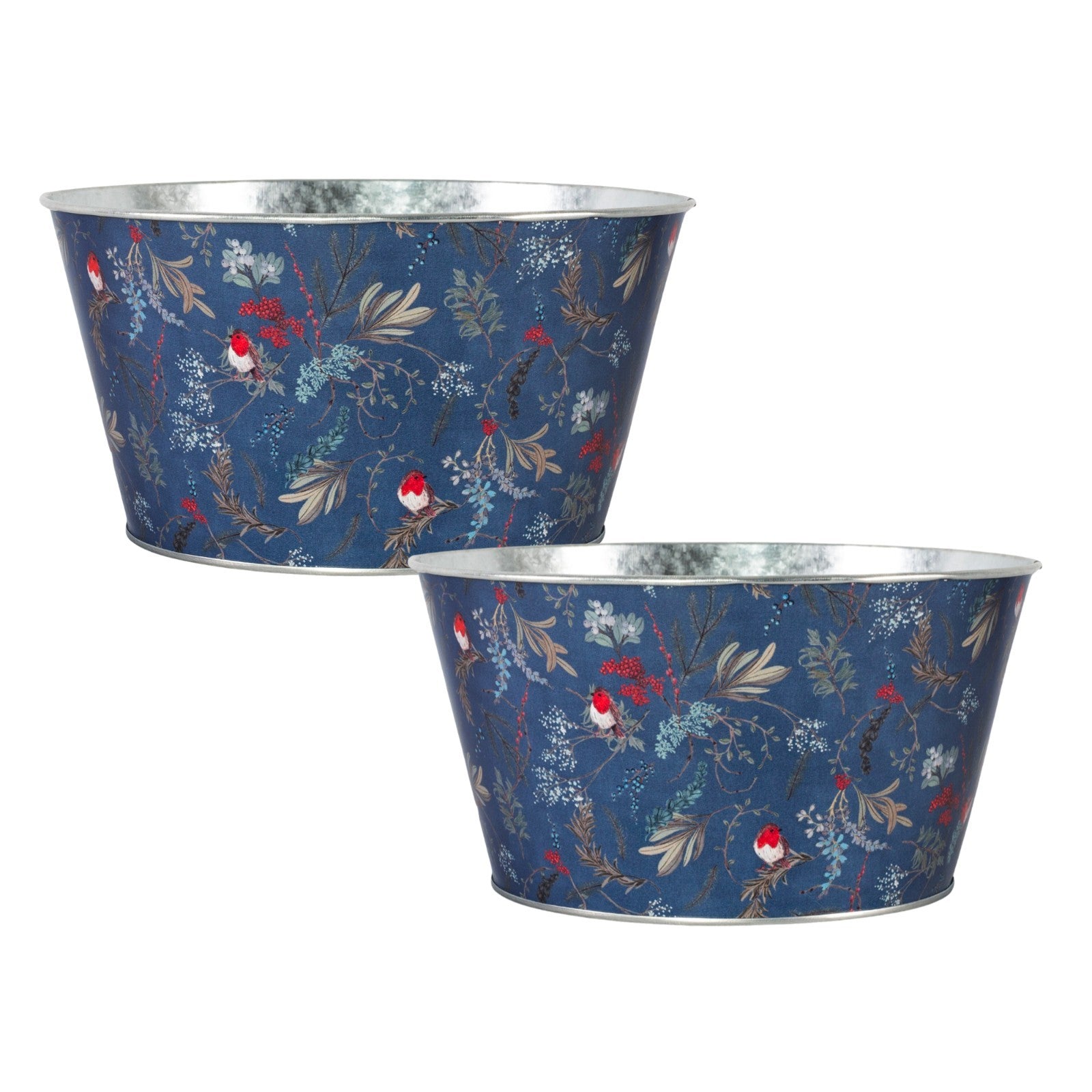 Tin Pail Robin Floral Bowl Plant Pot 21cm Christmas Metal Planter Xmas Bucket