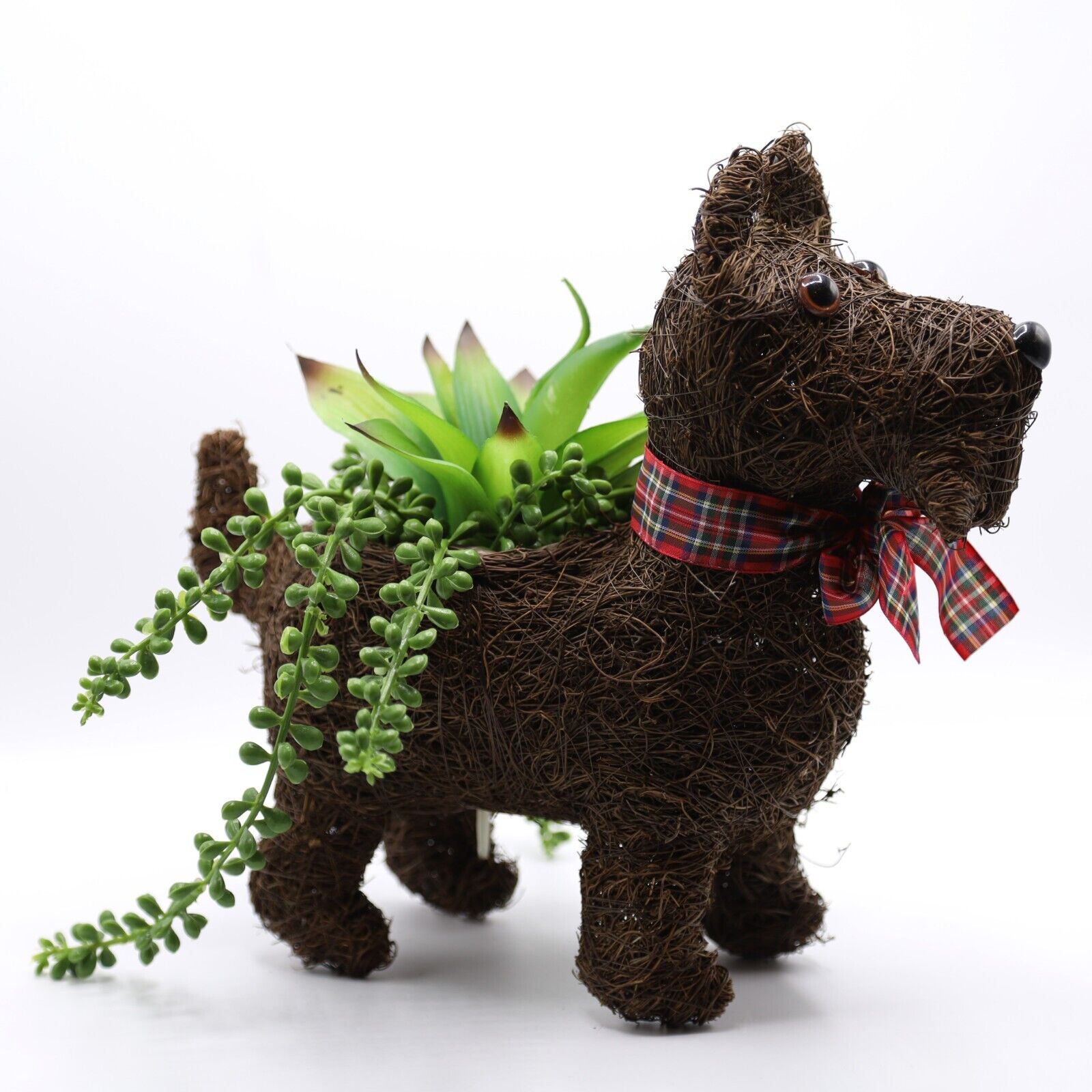 Rattan Scottie Dog Planter Pot Tartan Ribbon 31cm Rustic Garden Ornament Decor