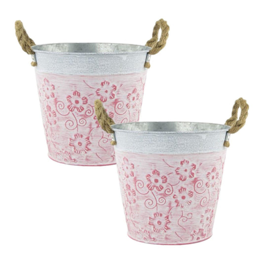 2Pc Tin Pail Plant Pot 20cm Pink Floral Planter With Rope Handles Indoor Outdoor