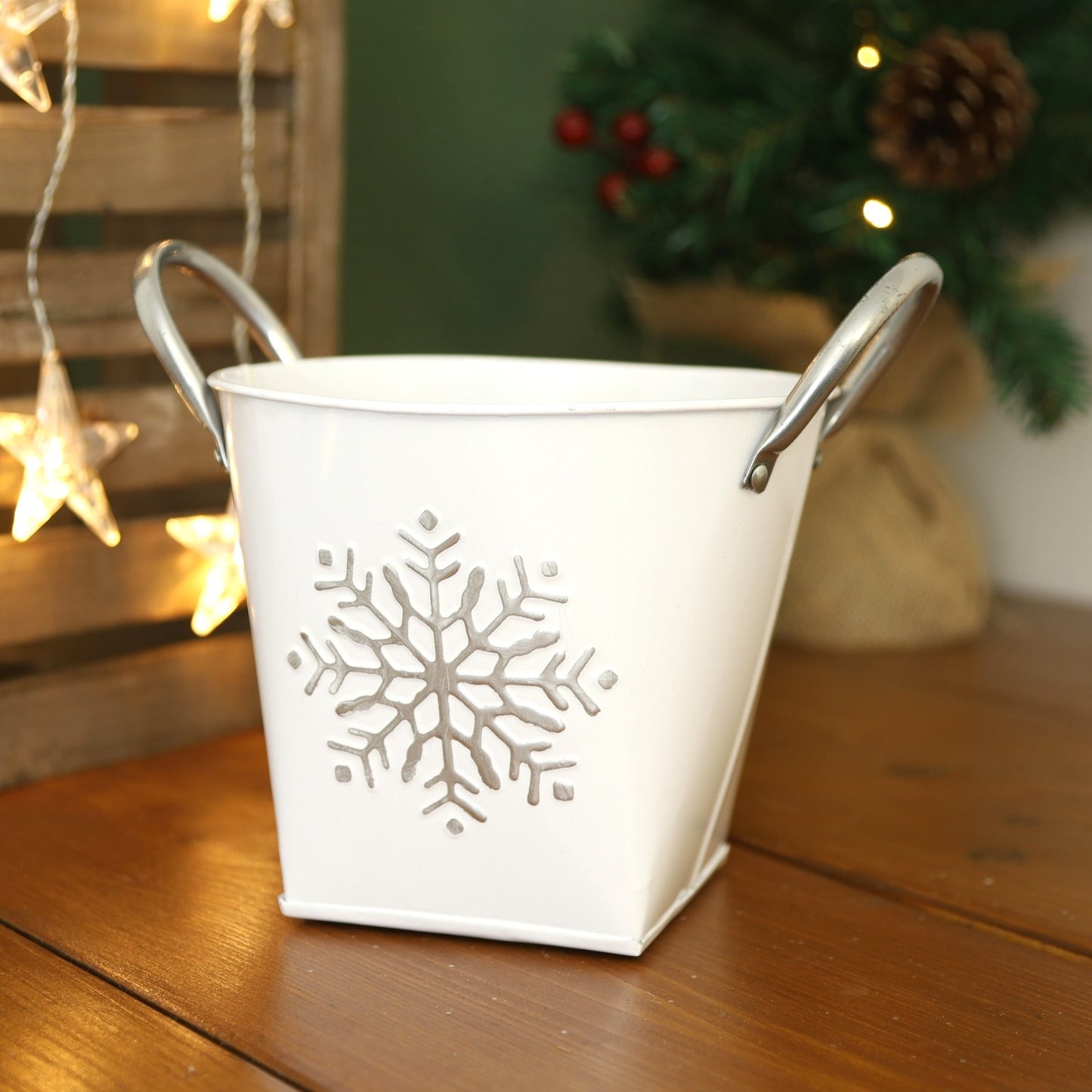Zinc Silver Planter Snowflake Design with Handles 17cm Home Garden Plant Pot